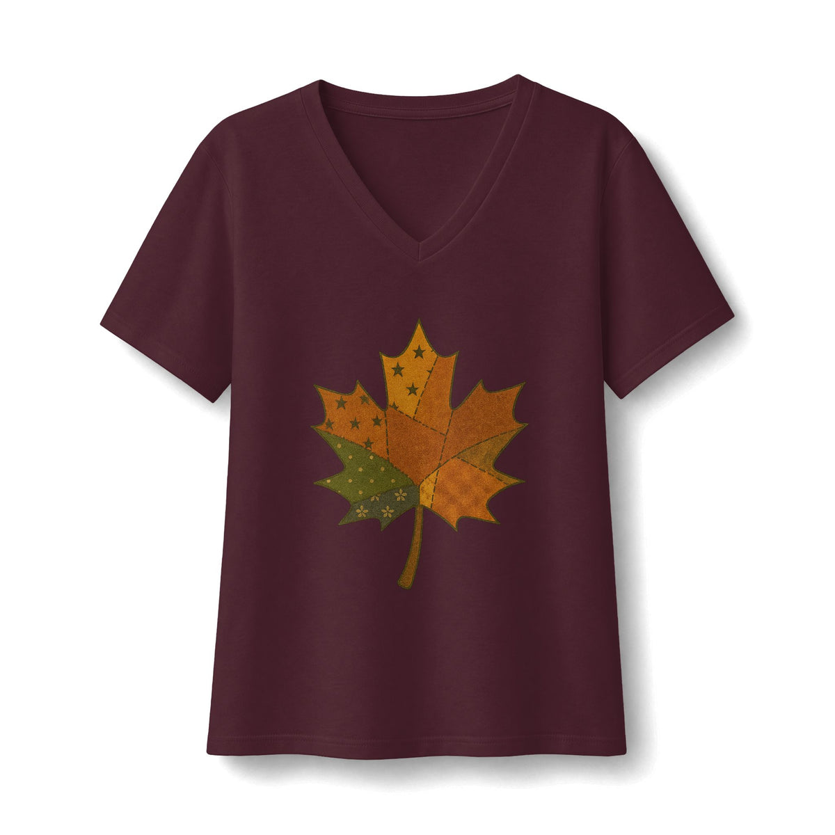 Patchwork Maple Leaf V-Neck T-Shirt