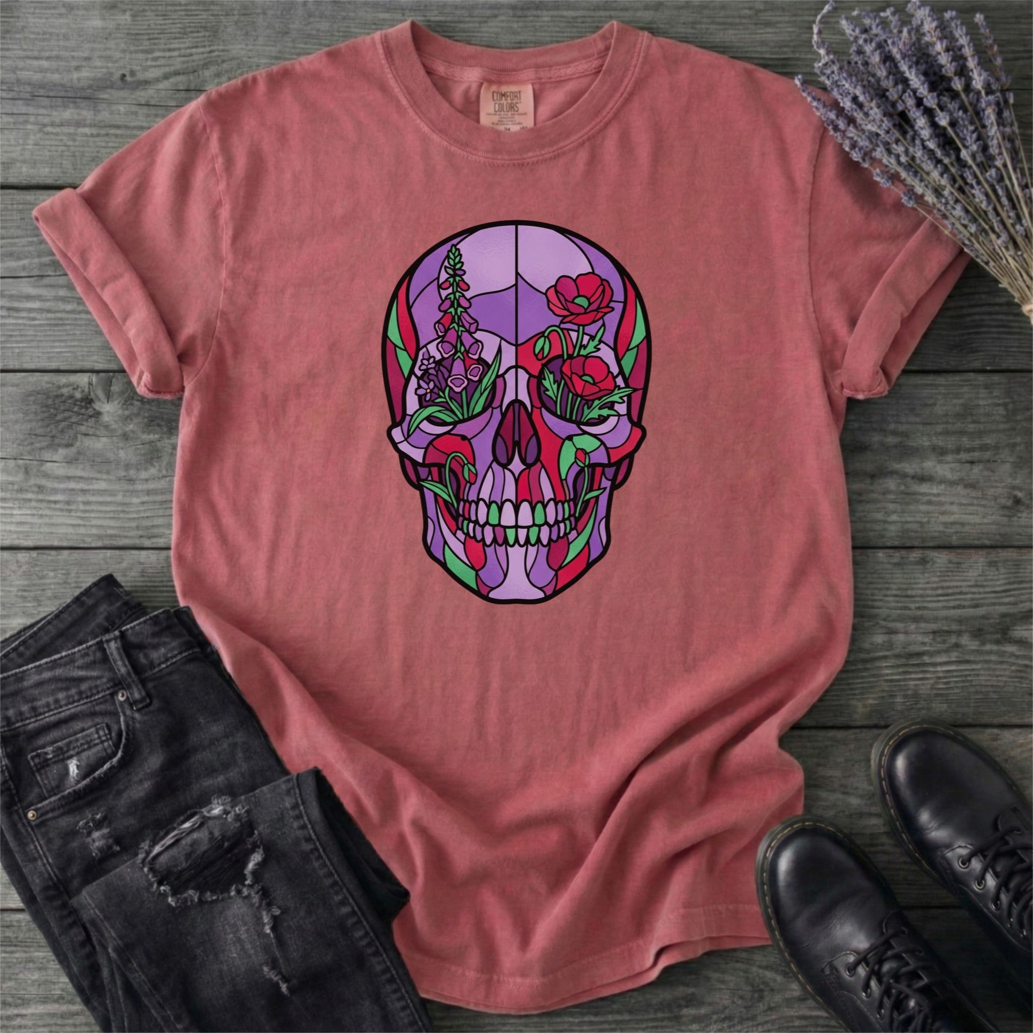 Botanical Stained Glass Skull T-Shirt