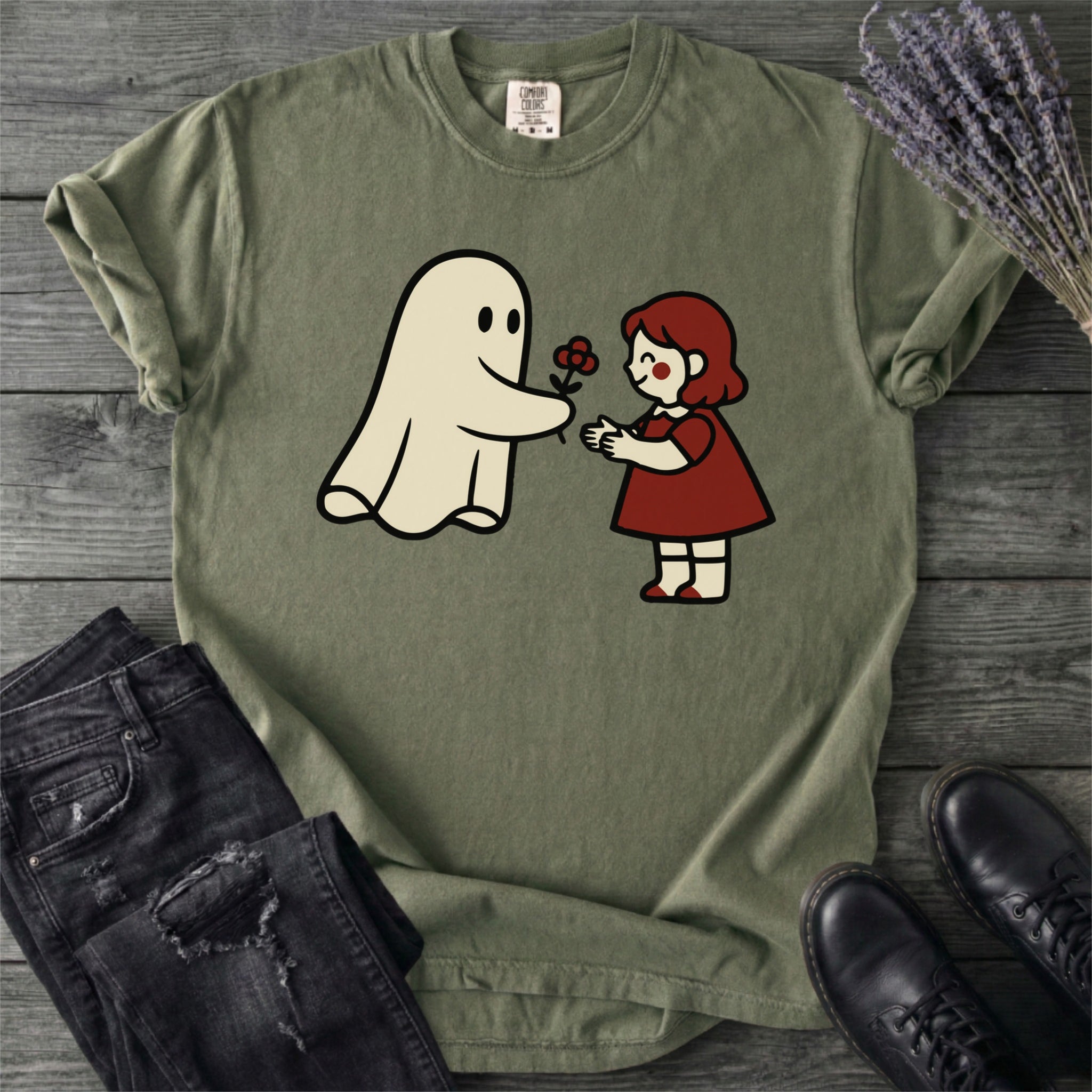 Ghost Giving Girl Flower T-Shirt