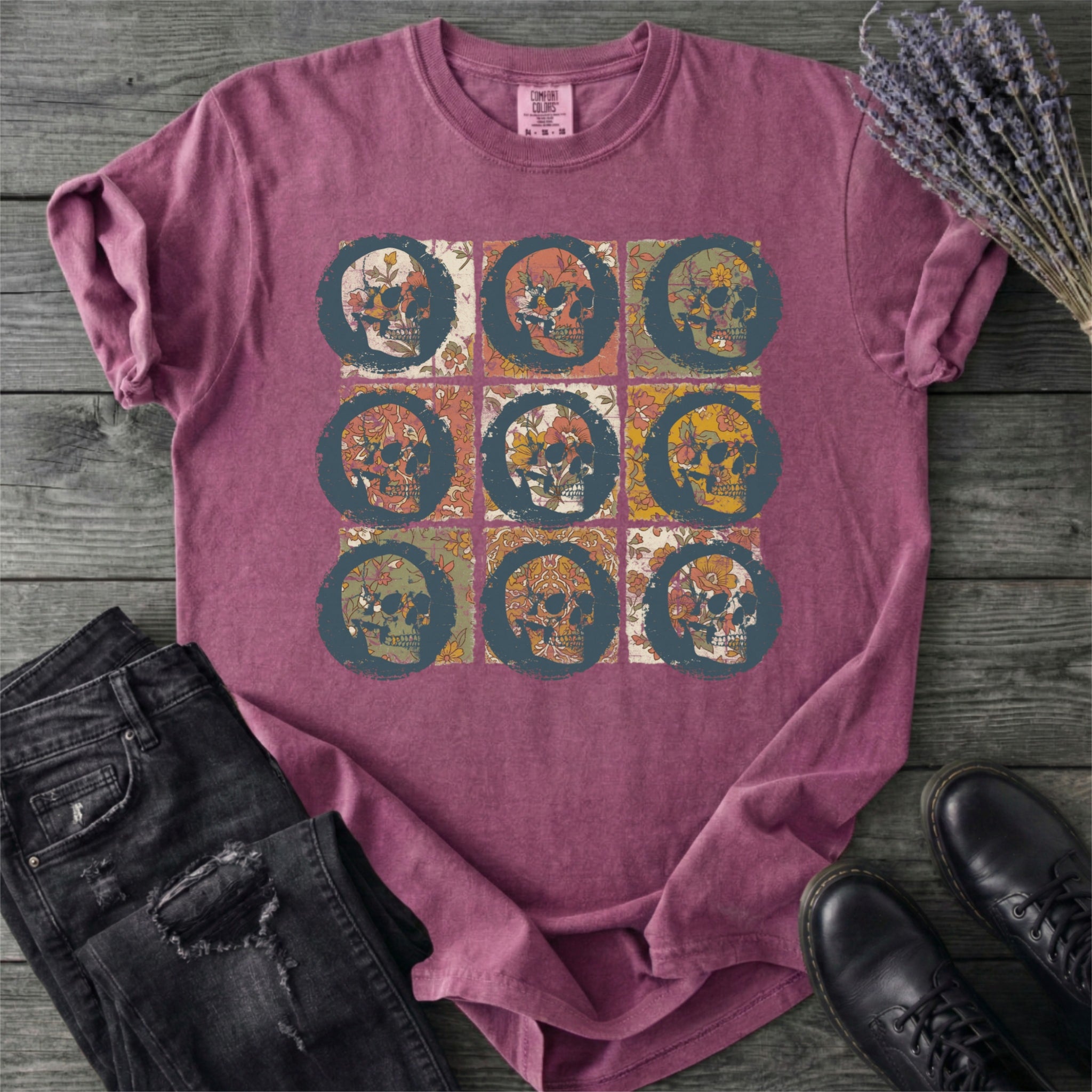 Grunge Skull Floral Grid T-Shirt