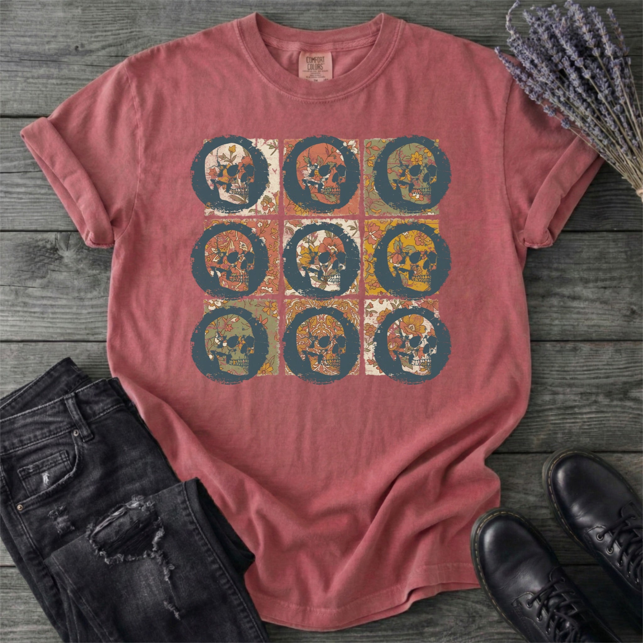 Grunge Skull Floral Grid T-Shirt