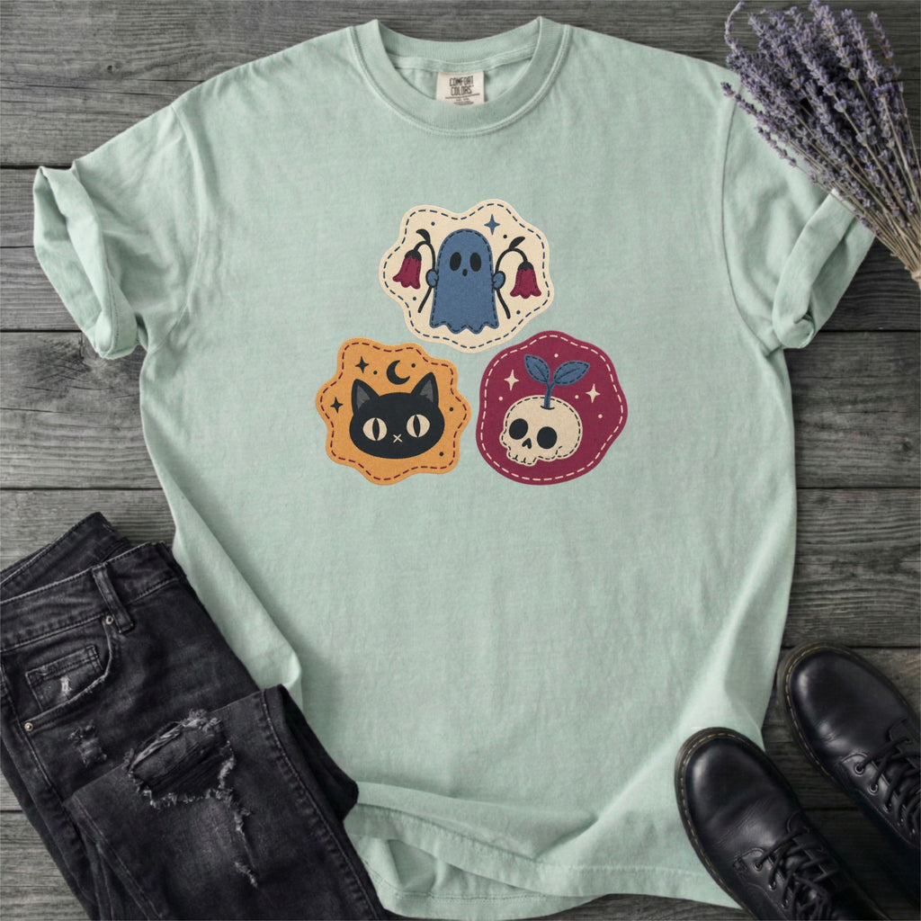 Faux Cat Ghost Skull Patches T-Shirt