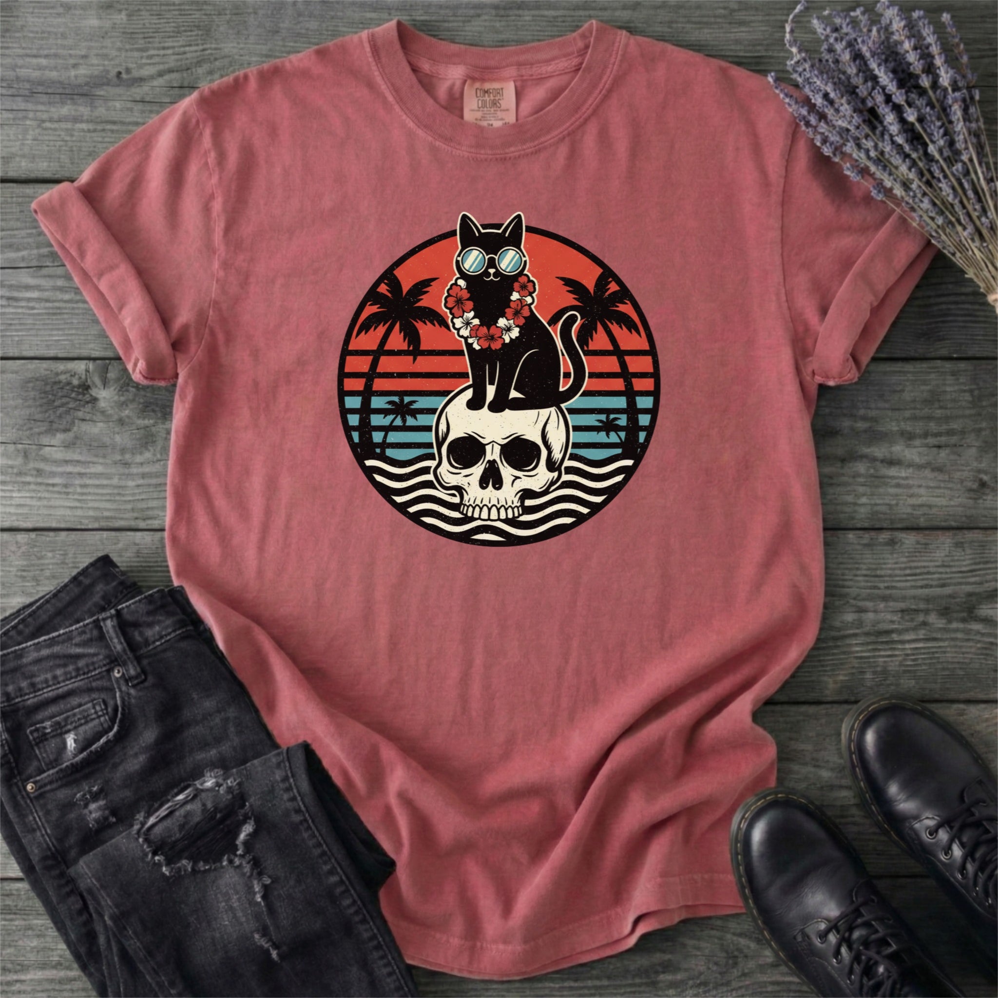 Tropical Cat And Skull T-Shirt
