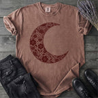 Burgundy Linocut Floral Crescent Moon T-Shirt