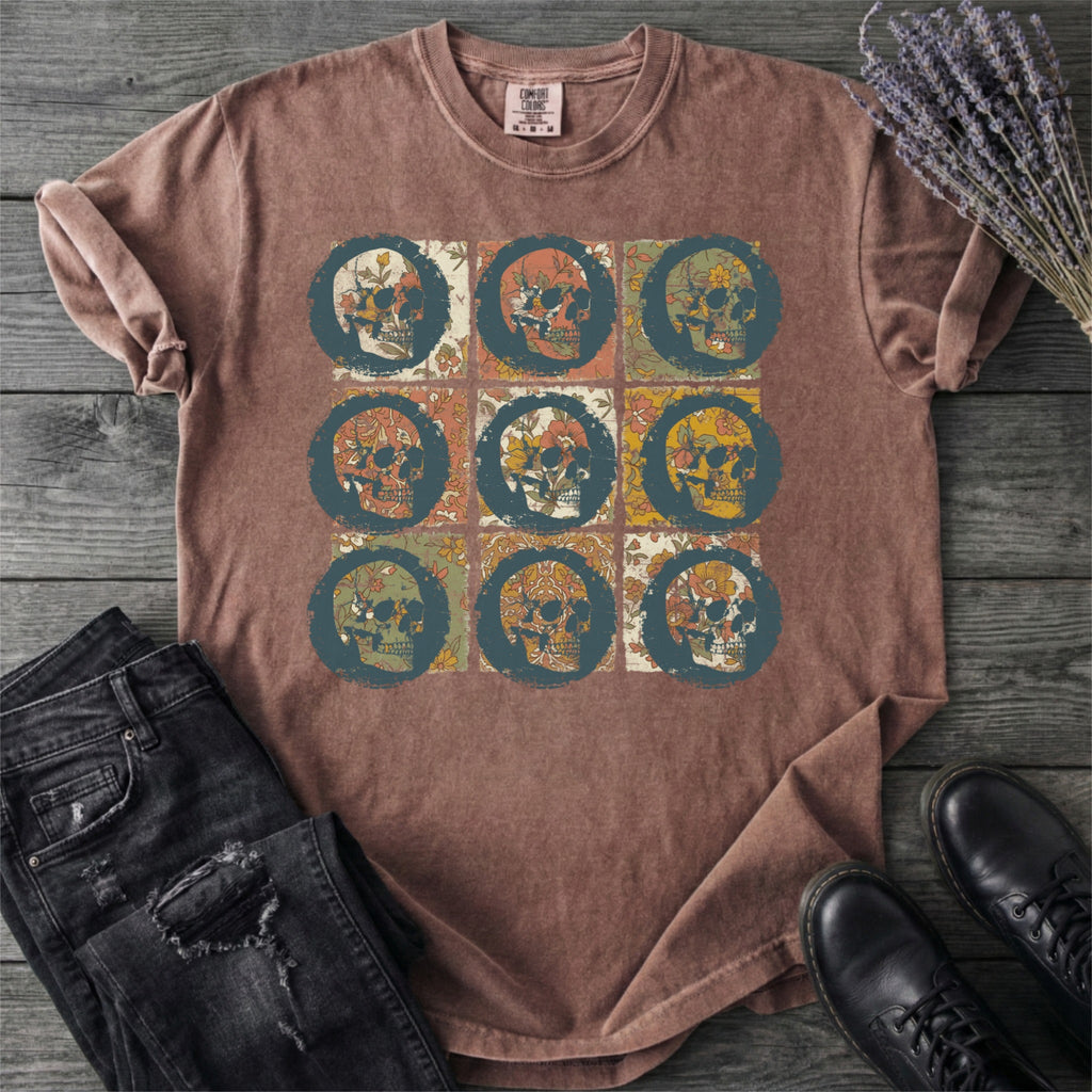 Grunge Skull Floral Grid T-Shirt