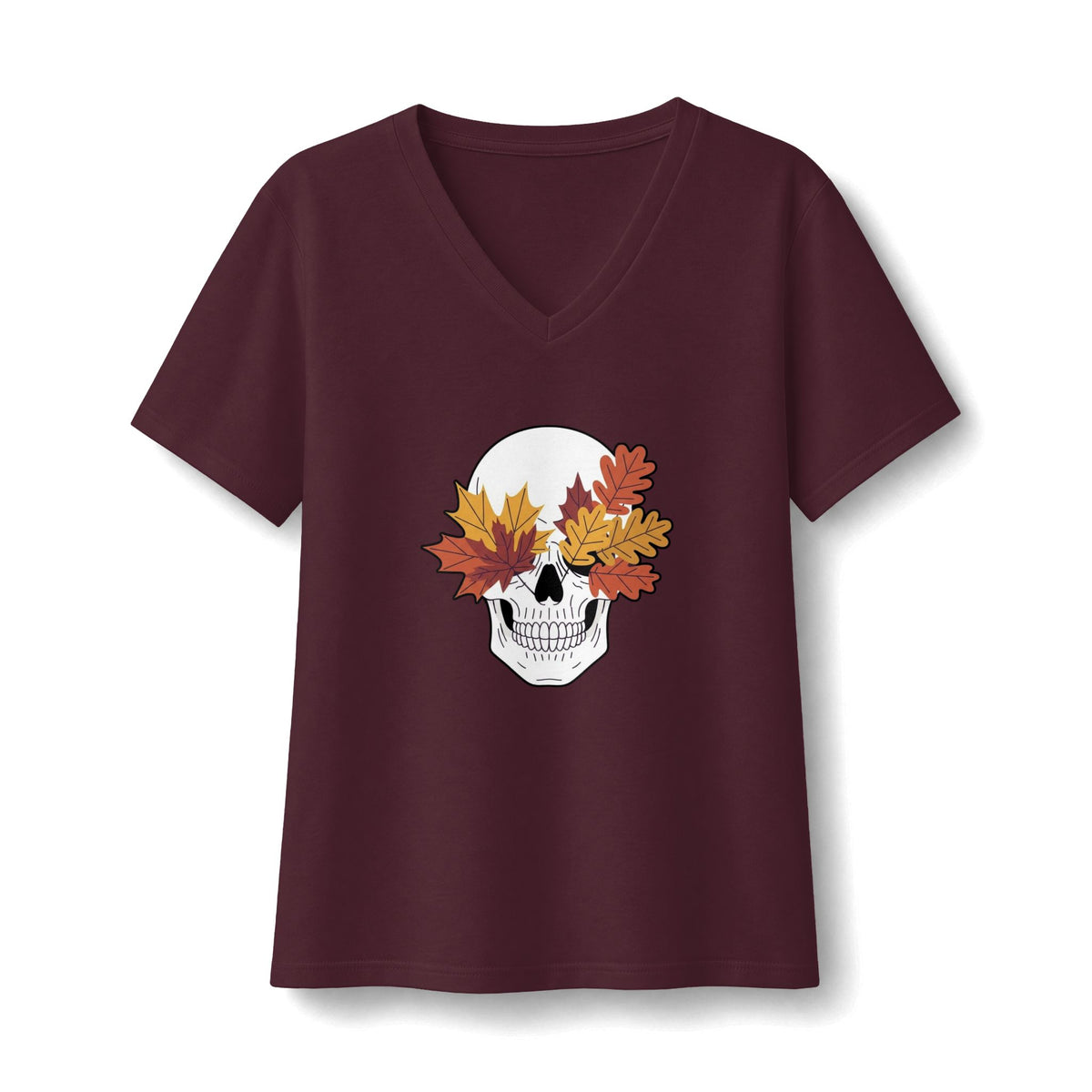 Fall Leaf Skull V-Neck T-Shirt