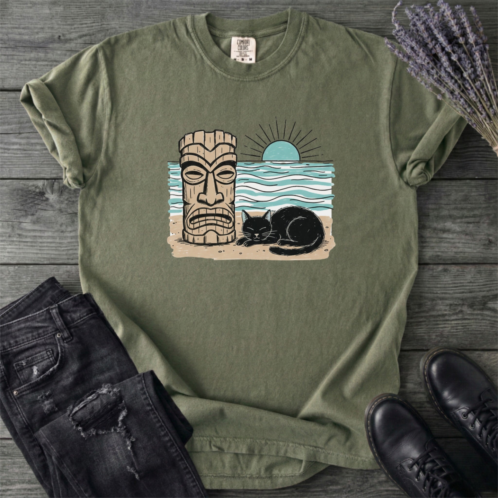 Black Cat Tiki Beach T-Shirt
