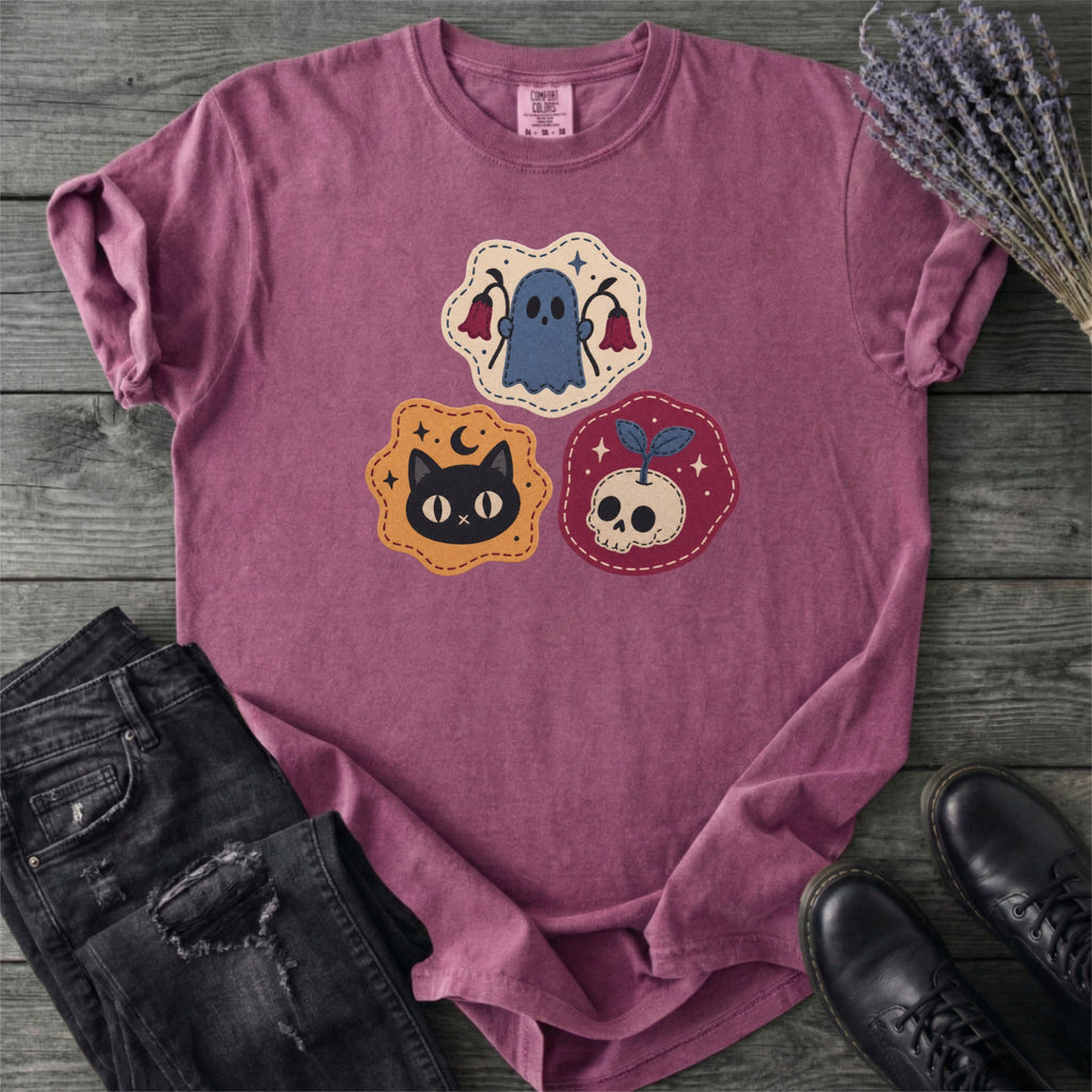 Faux Cat Ghost Skull Patches T-Shirt