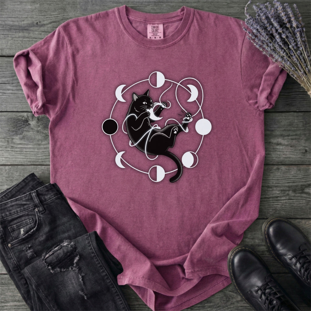 Black Cat Pouncing On Moon Phases T-Shirt