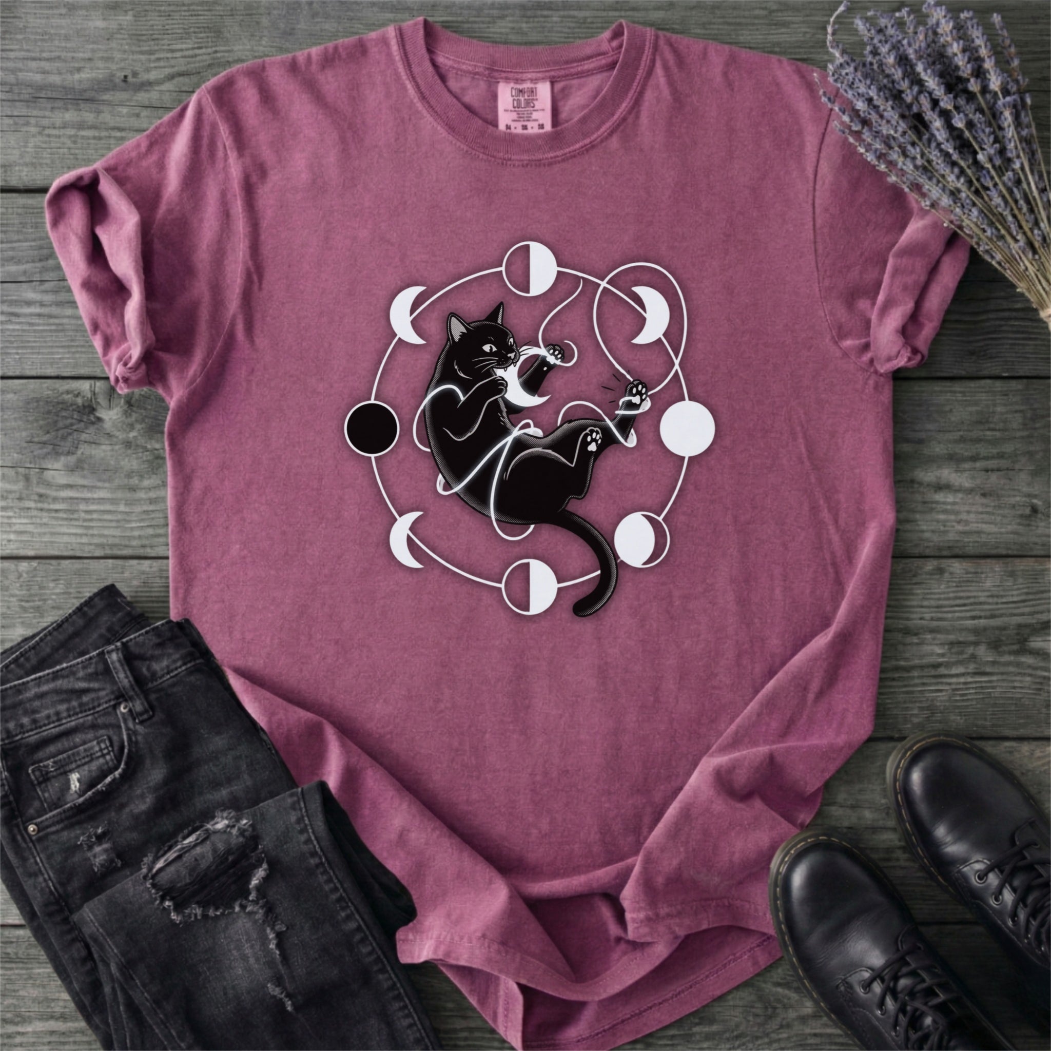 Black Cat Pouncing On Moon Phases T-Shirt