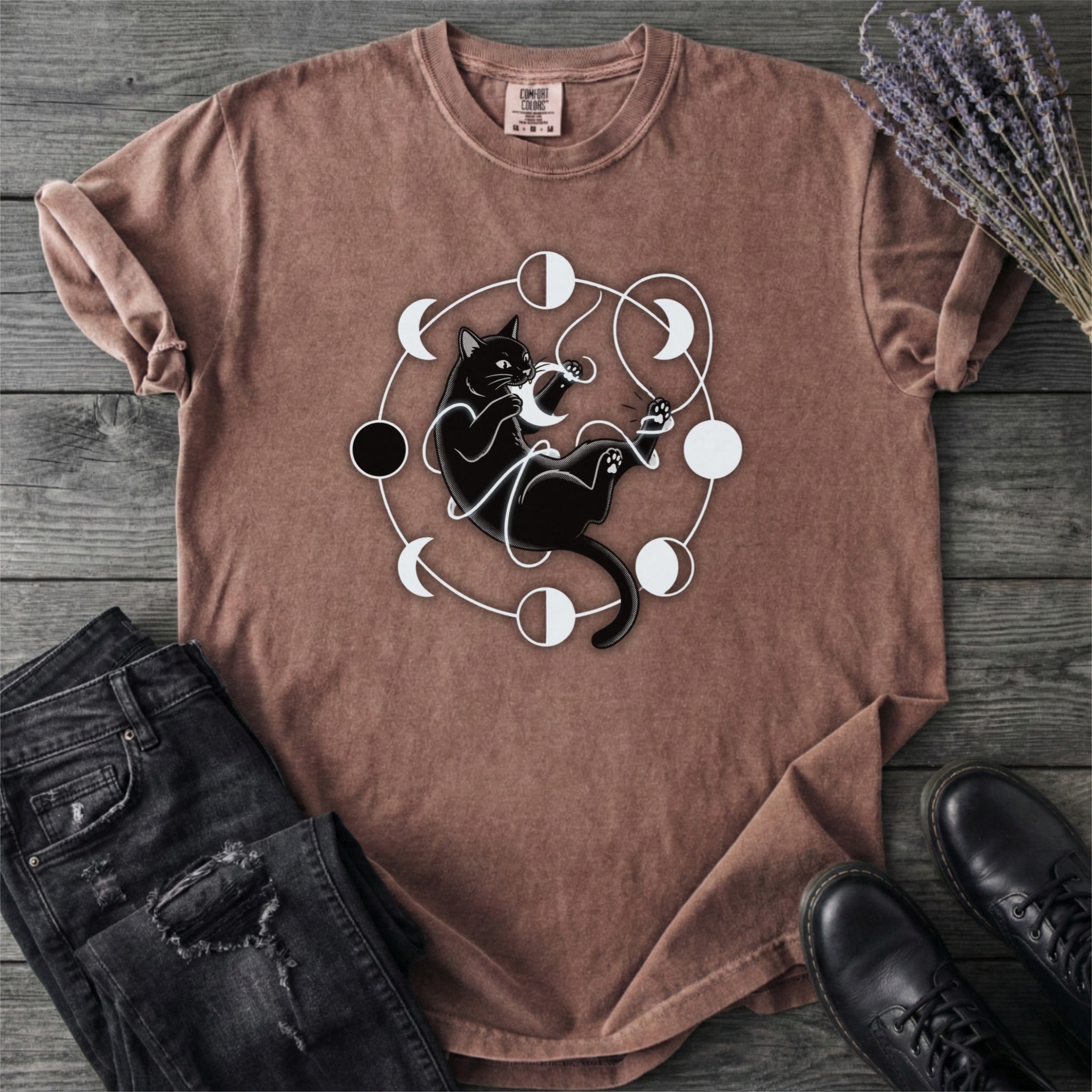 Black Cat Pouncing On Moon Phases T-Shirt