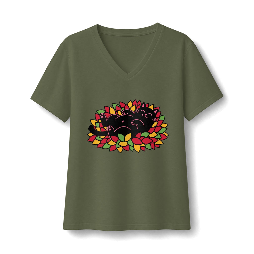 Black Cat Rolling Leaves V-Neck T-Shirt
