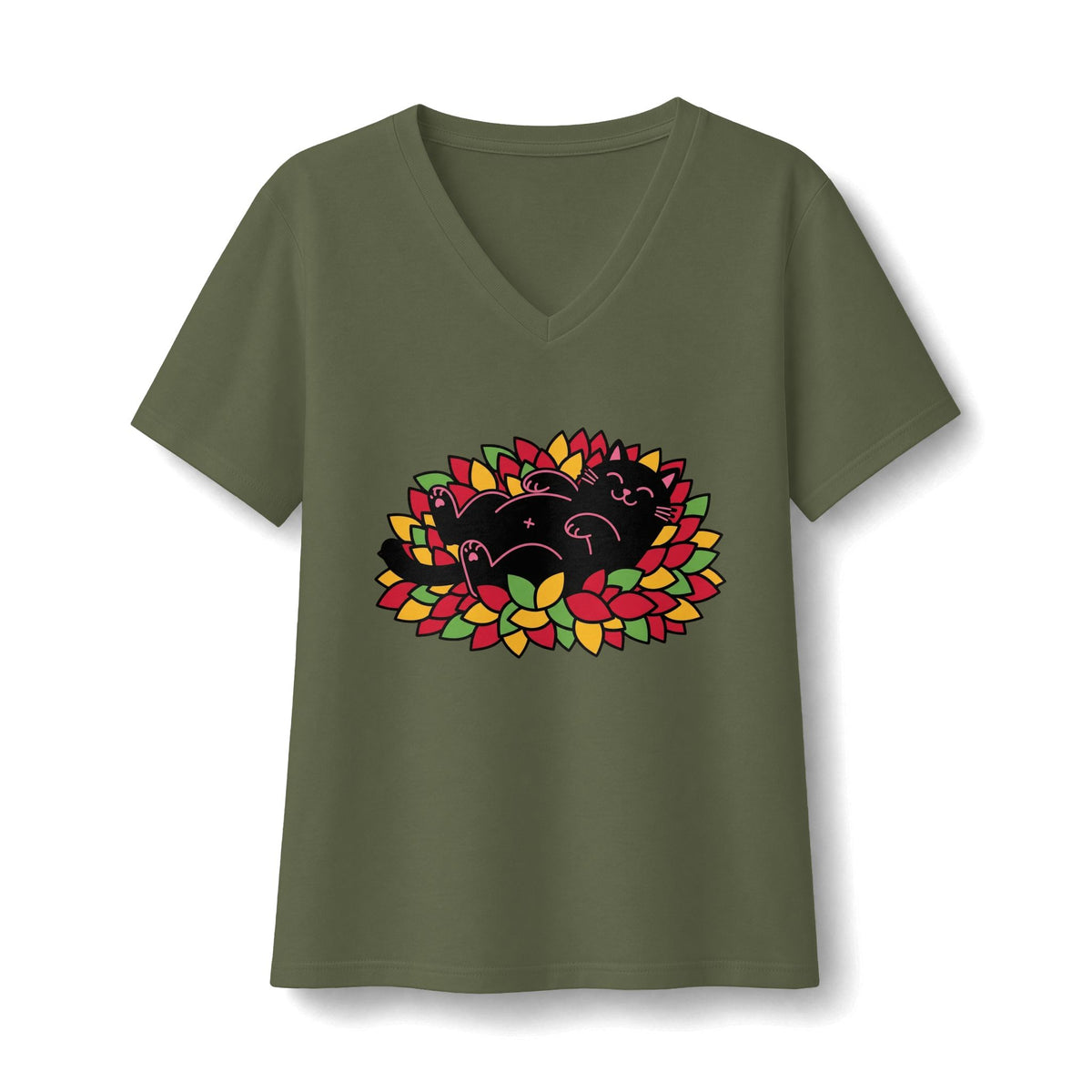 Black Cat Rolling Leaves V-Neck T-Shirt