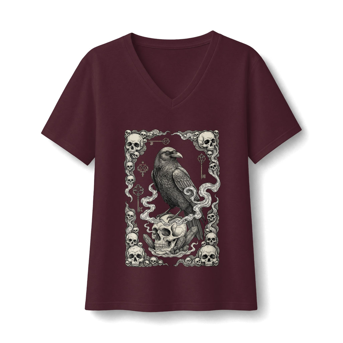 Raven Skull Card V-Neck T-Shirt
