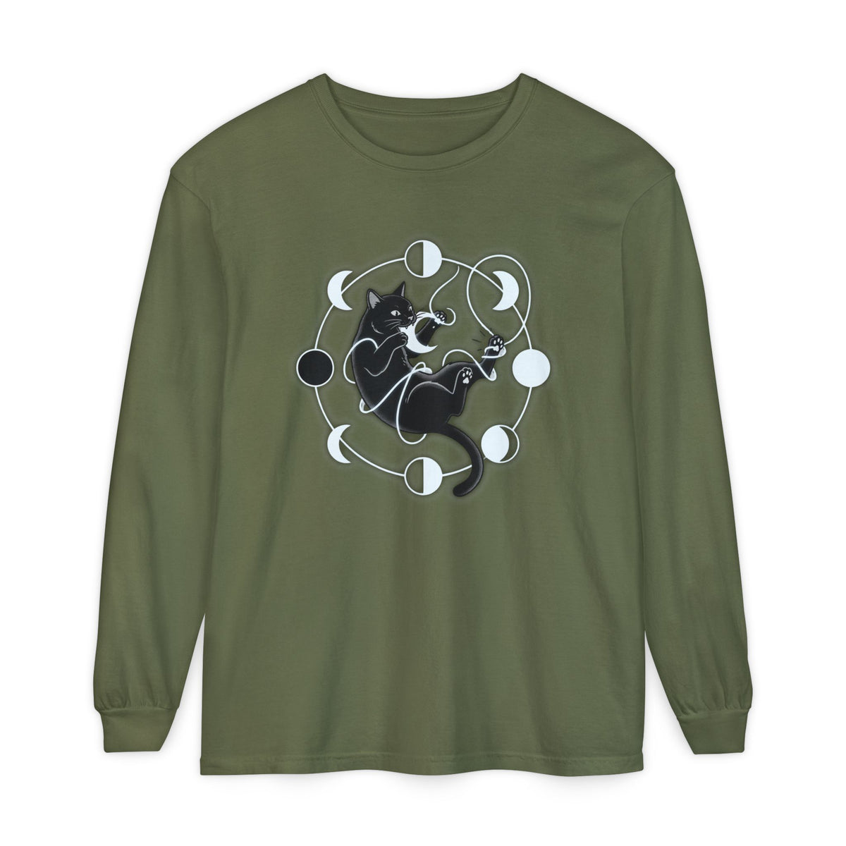 black cat pouncing on moon phases Long Sleeve T-Shirt