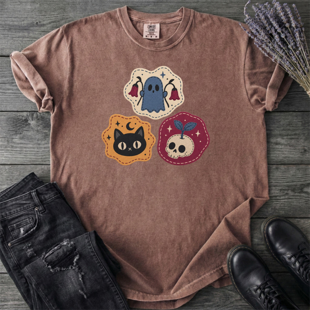 Faux Cat Ghost Skull Patches T-Shirt