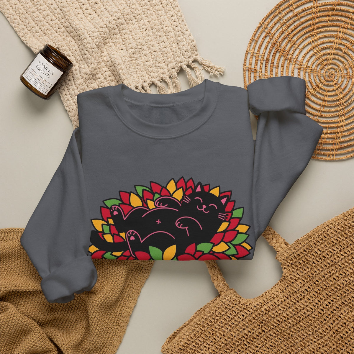 Black Cat Rolling Leaves Sweatshirt