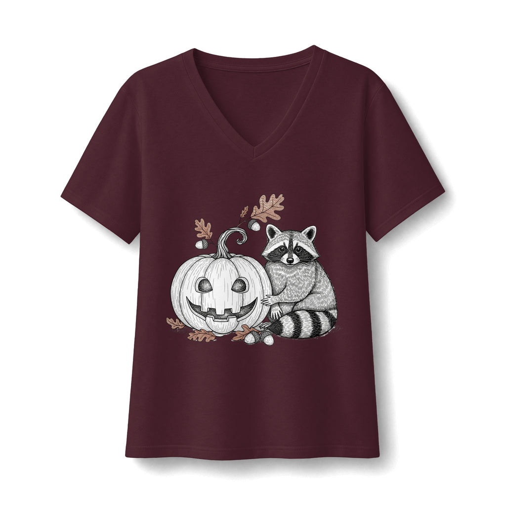 Raccoon And Pumpkin V-Neck T-Shirt