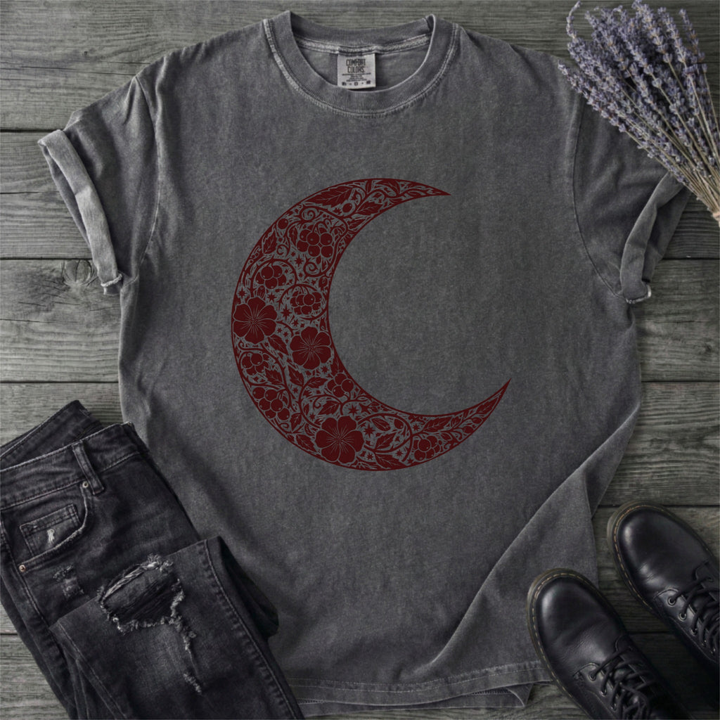 Burgundy Linocut Floral Crescent Moon T-Shirt