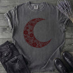 Burgundy Linocut Floral Crescent Moon T-Shirt