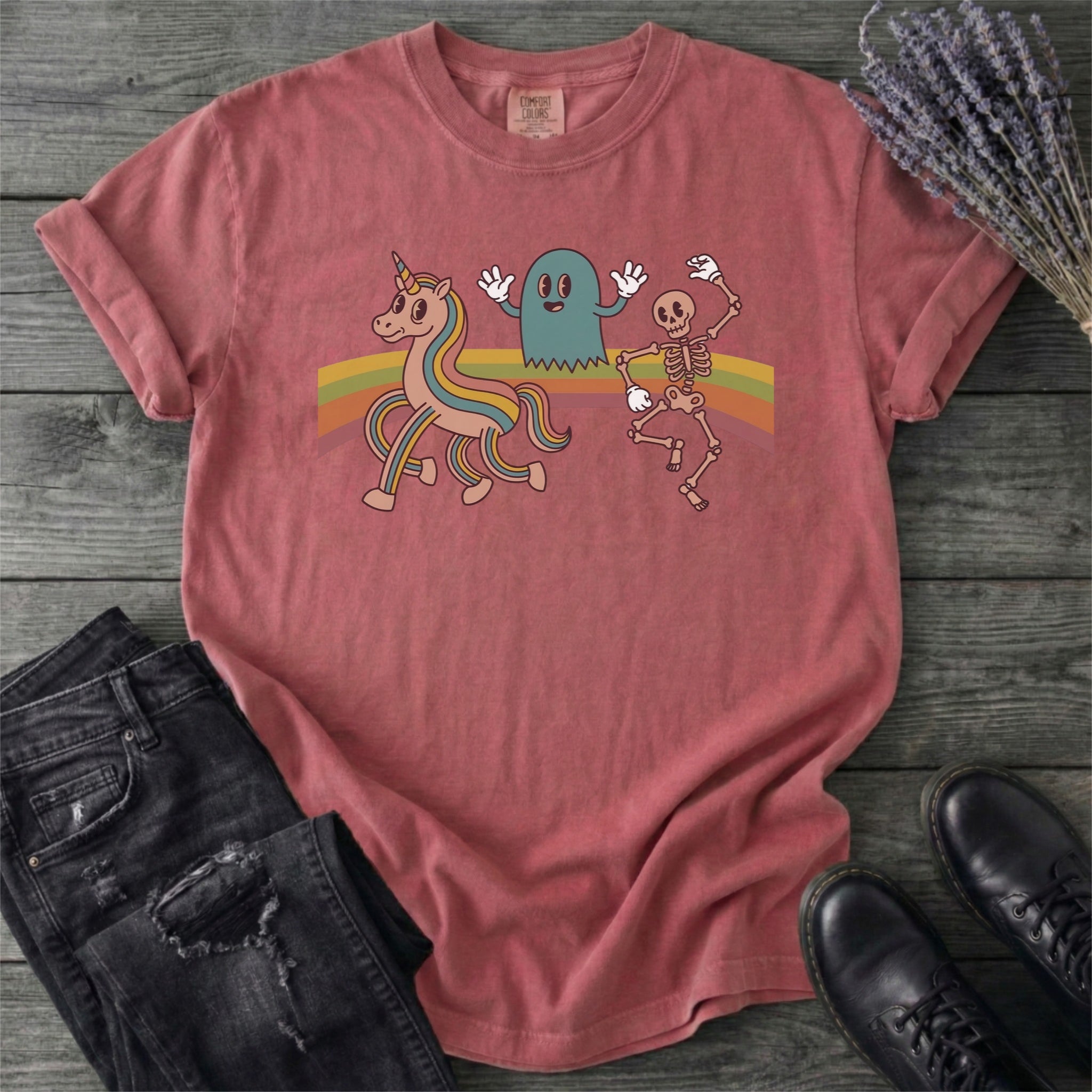 Retro Rainbow Unicorn Ghost Skeleton T-Shirt