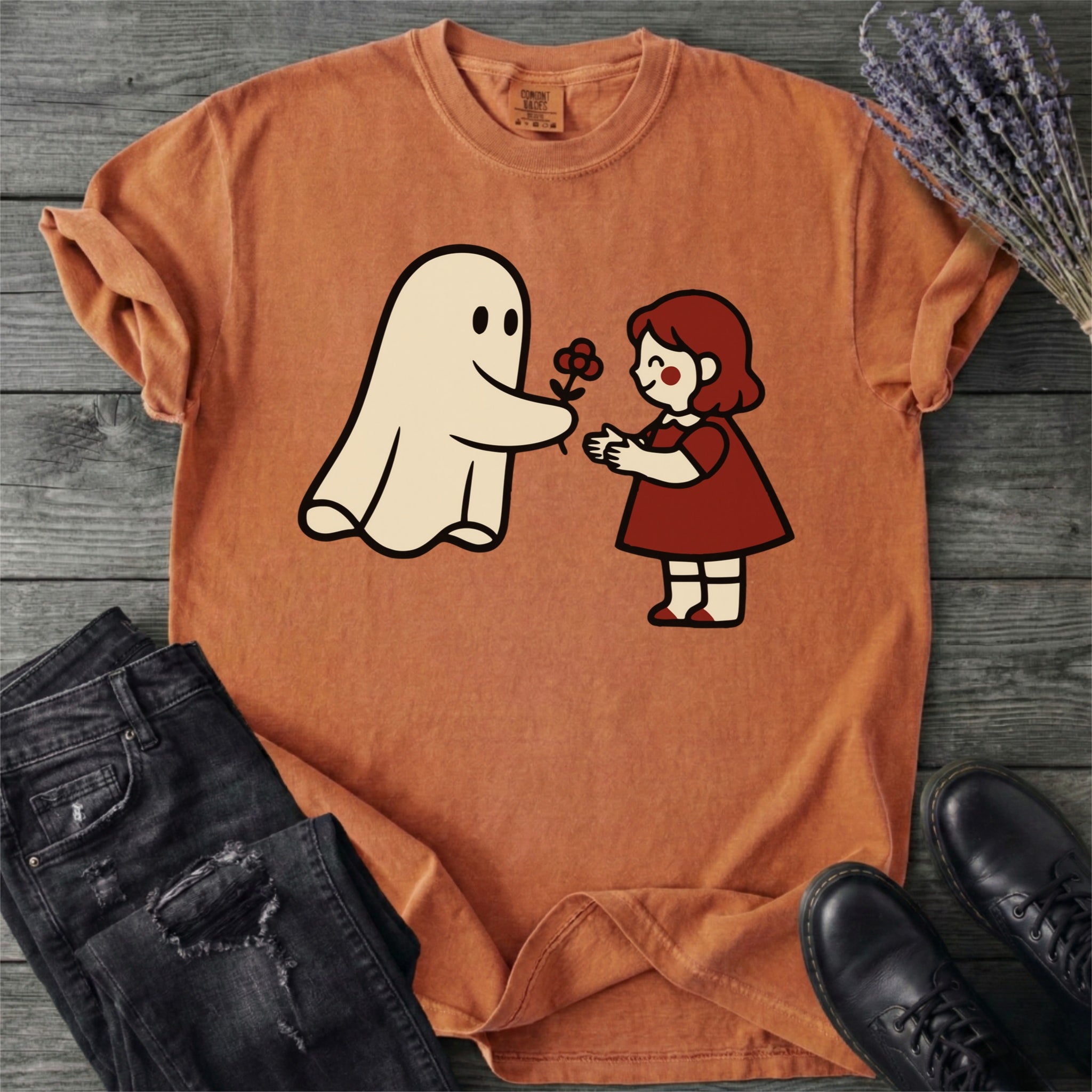Ghost Giving Girl Flower T-Shirt