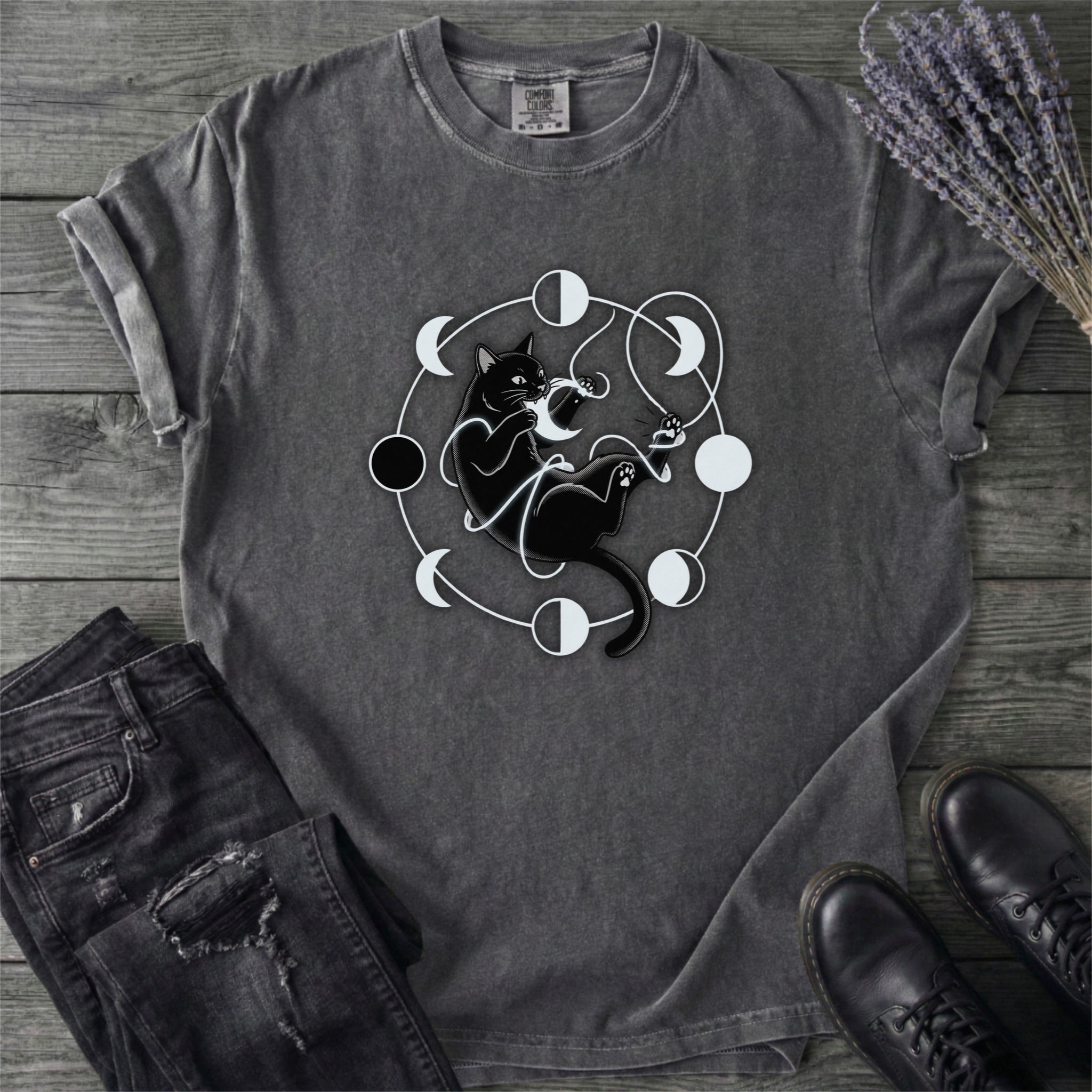 Black Cat Pouncing On Moon Phases T-Shirt