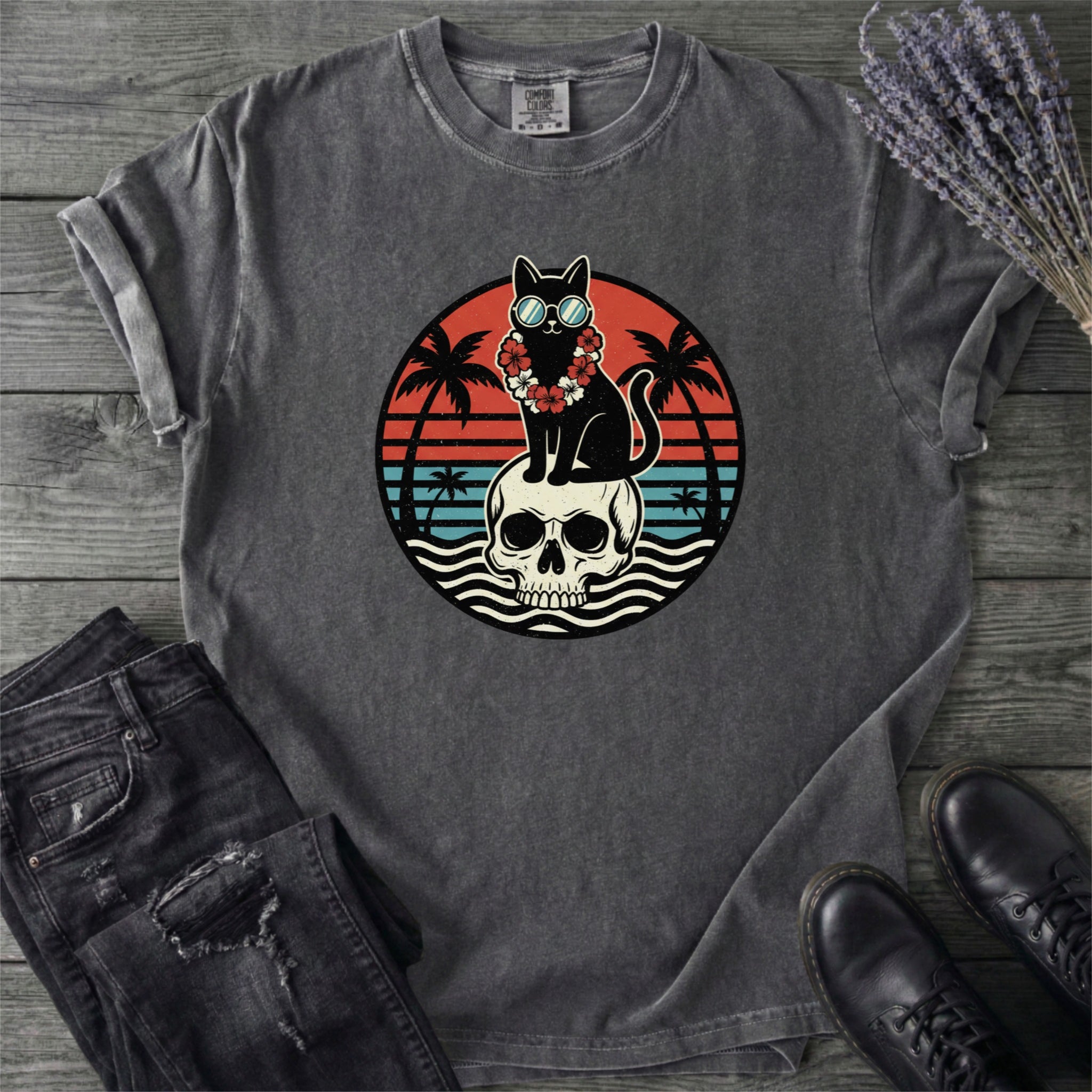 Tropical Cat And Skull T-Shirt