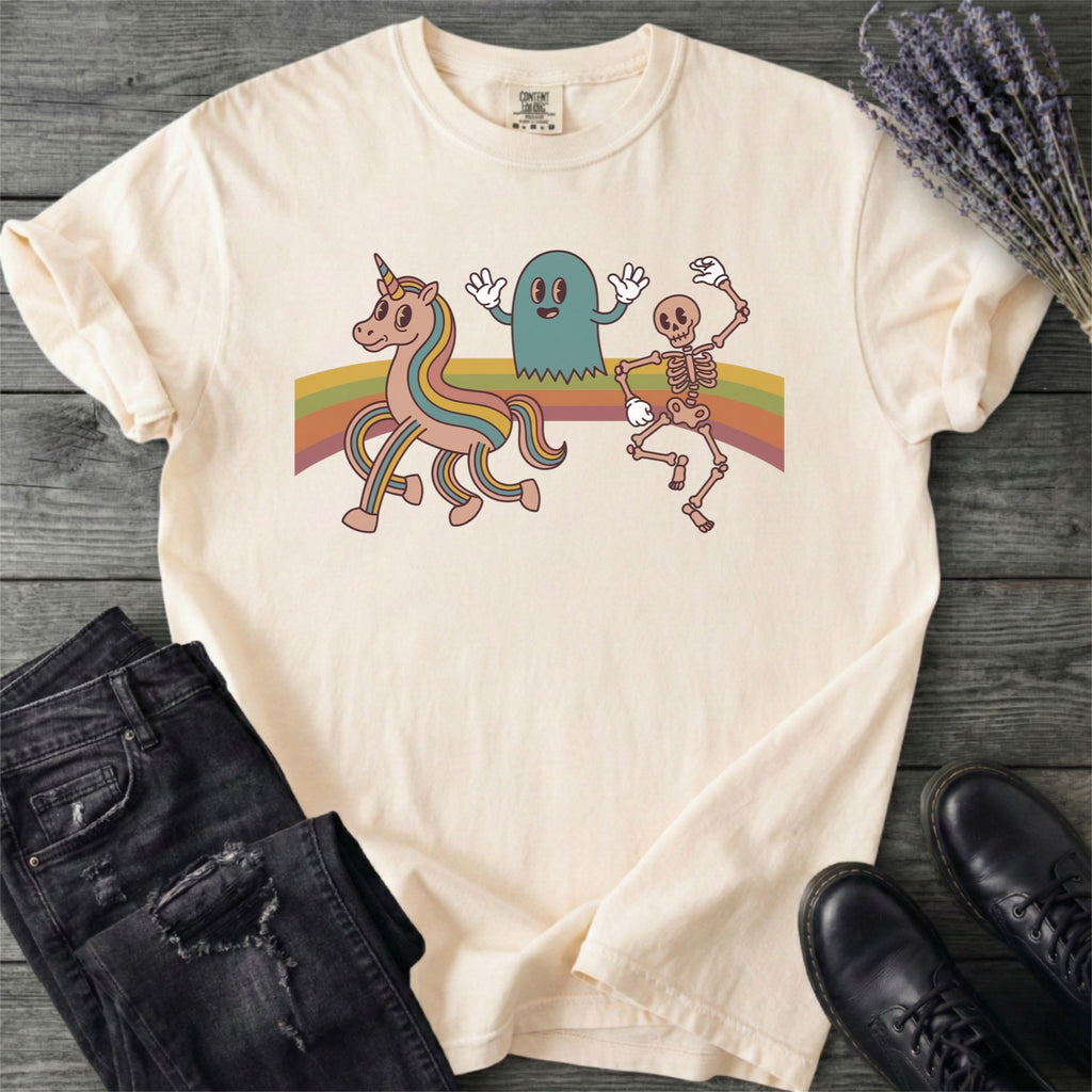 Retro Rainbow Unicorn Ghost Skeleton T-Shirt