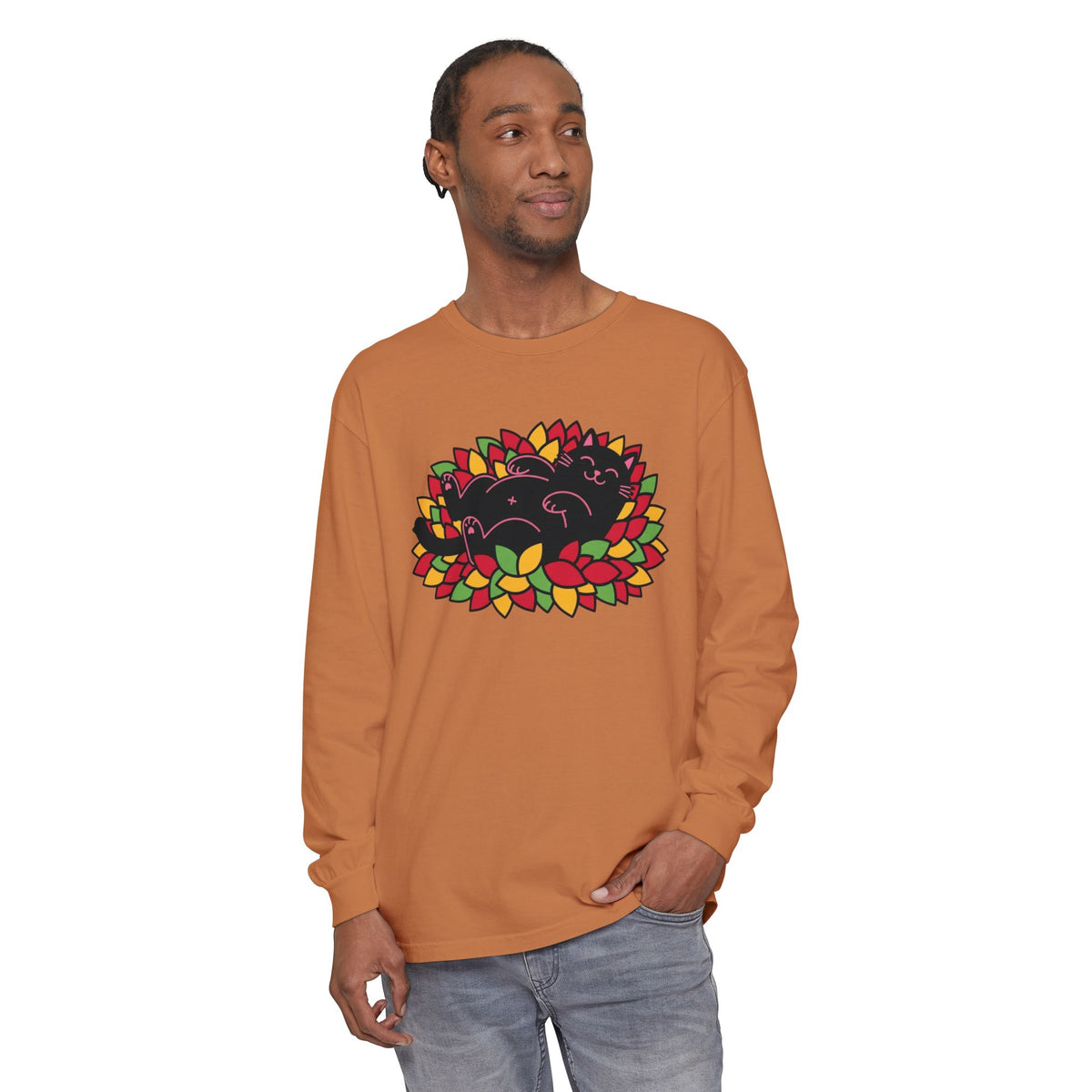Black Cat Rolling Leaves Long Sleeve T-Shirt