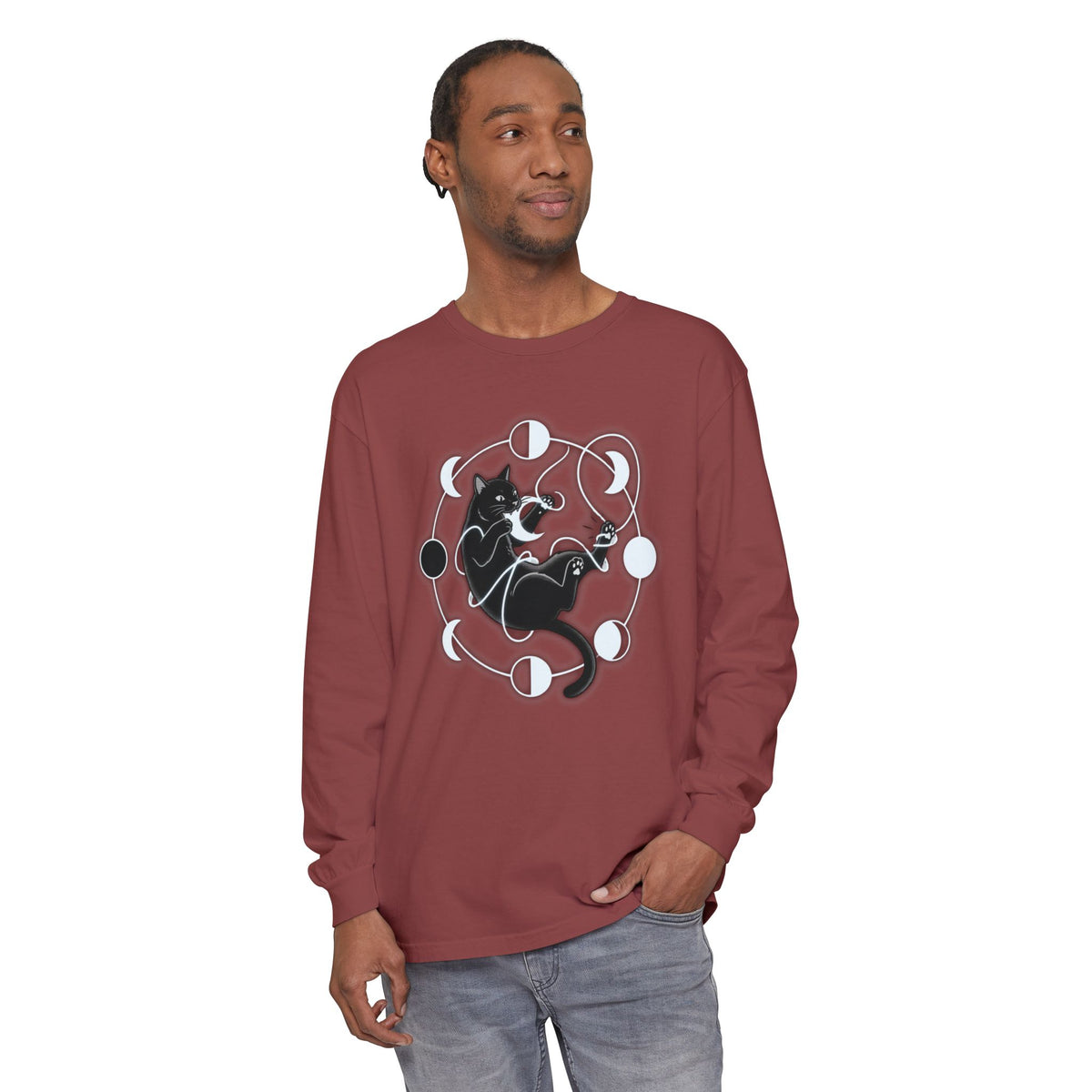 black cat pouncing on moon phases Long Sleeve T-Shirt