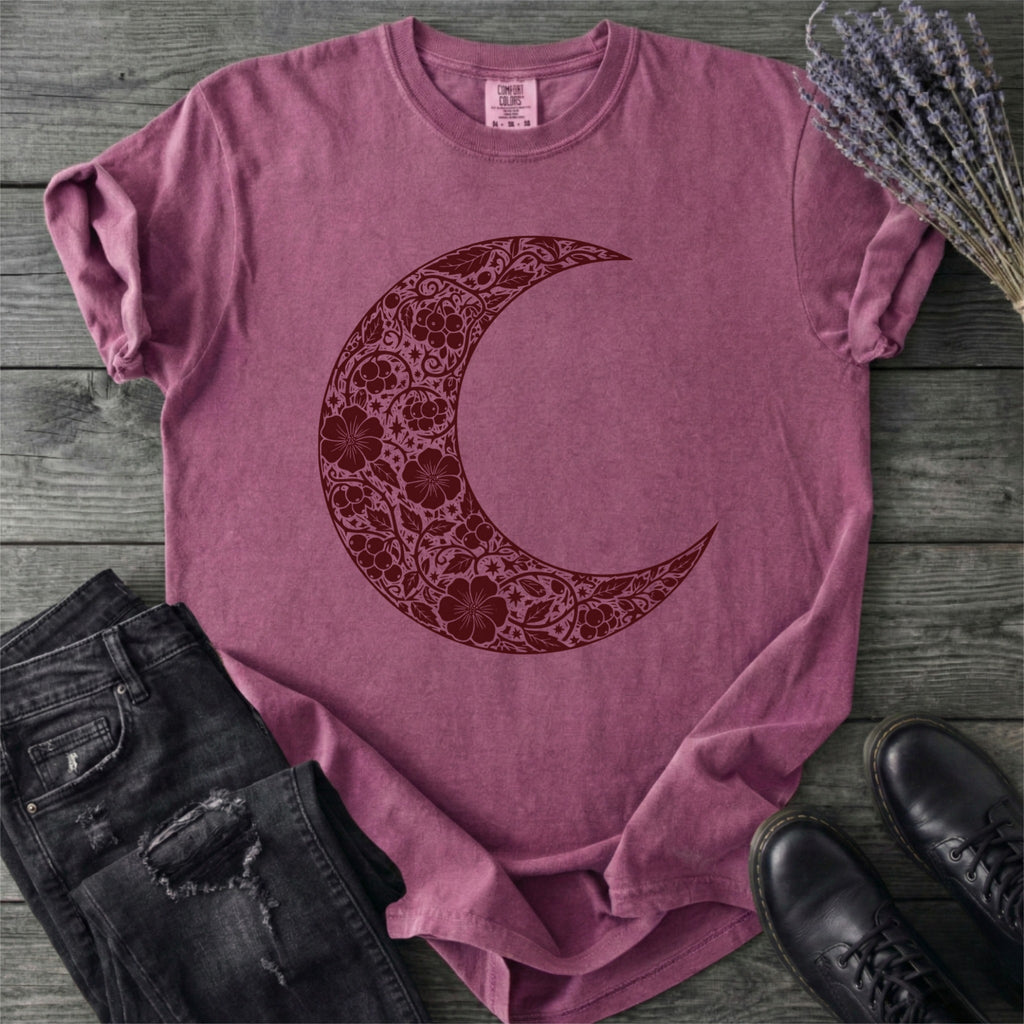 Burgundy Linocut Floral Crescent Moon T-Shirt