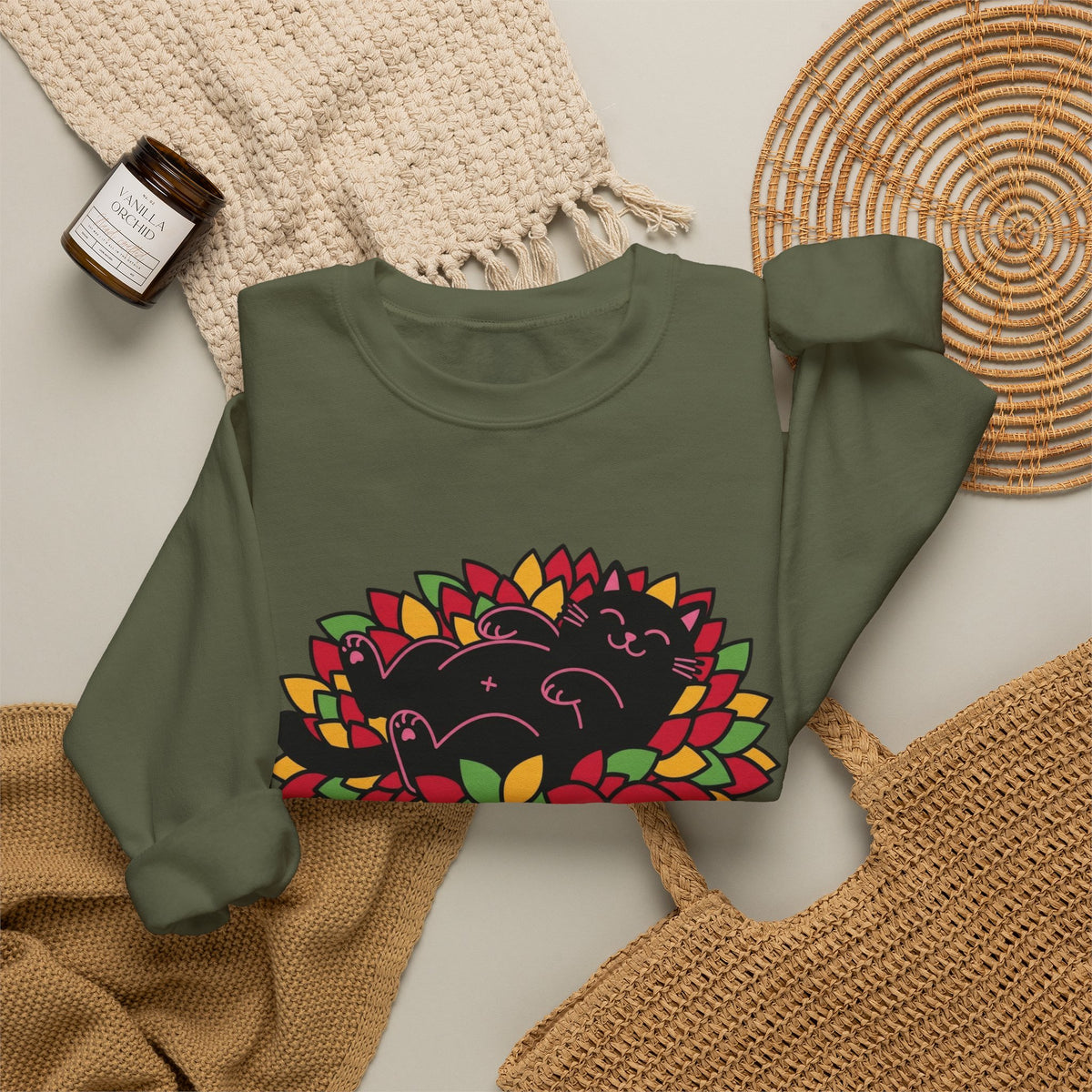 Black Cat Rolling Leaves Sweatshirt