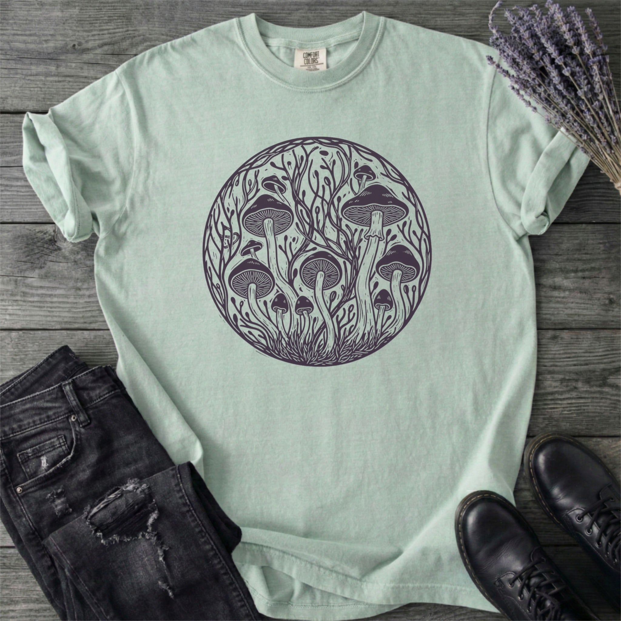 Linocut Mushroom Circle T-Shirt