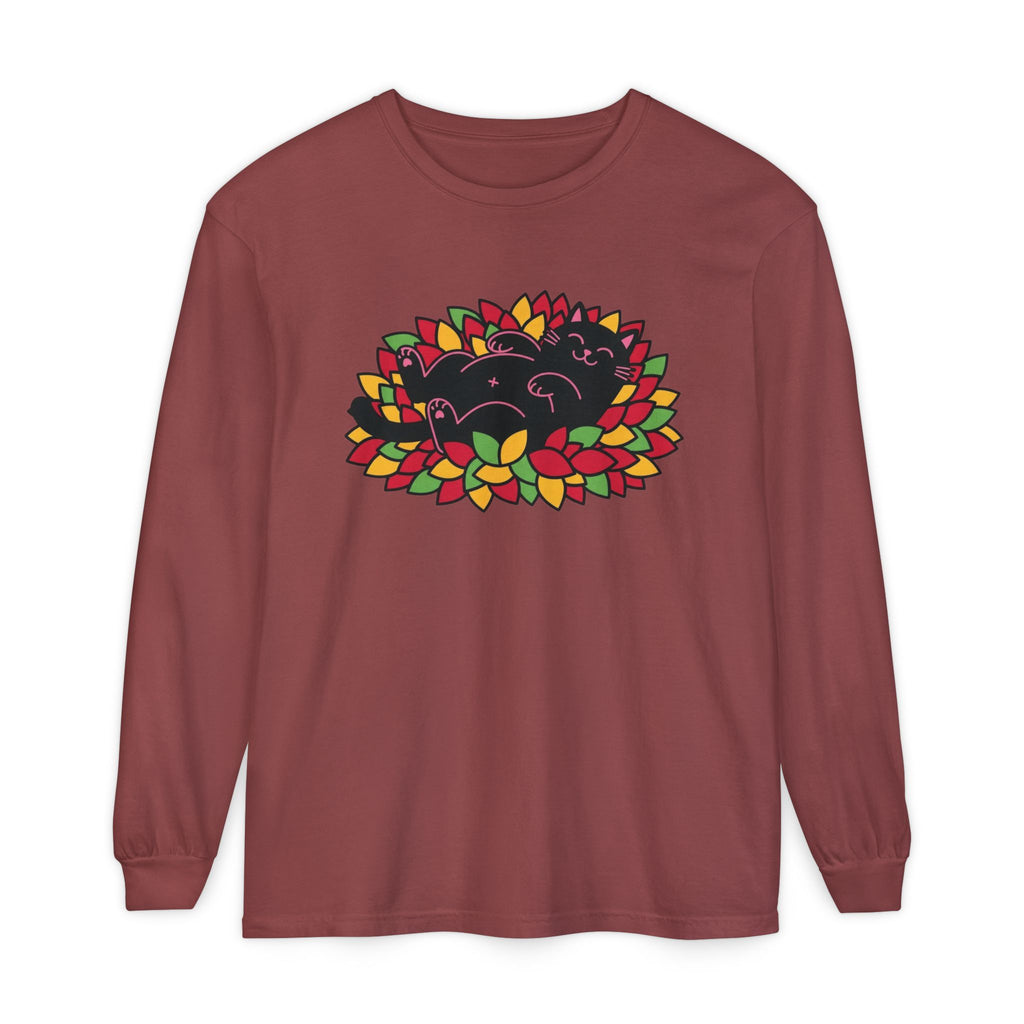 Black Cat Rolling Leaves Long Sleeve T-Shirt