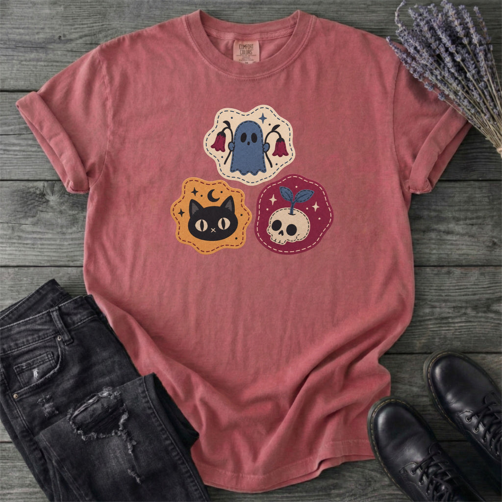 Faux Cat Ghost Skull Patches T-Shirt
