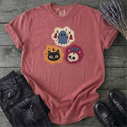 Faux Cat Ghost Skull Patches T-Shirt