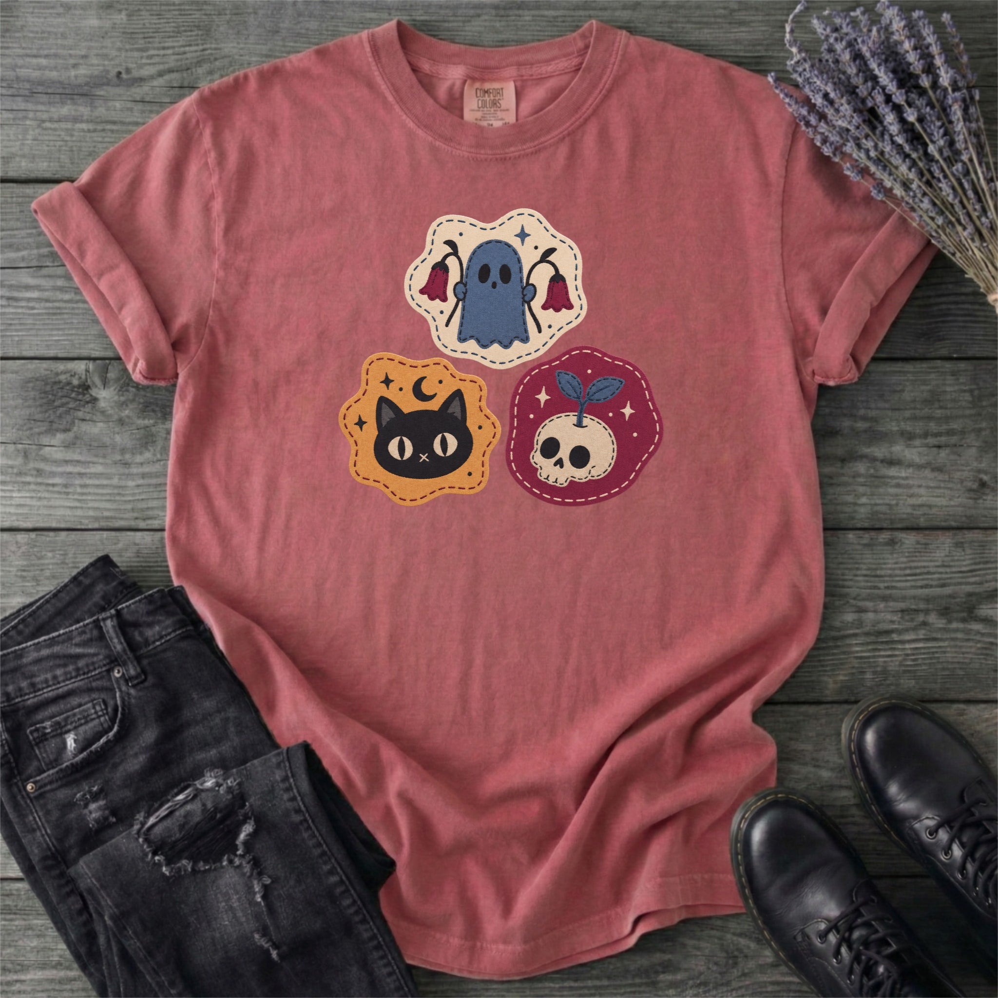 Faux Cat Ghost Skull Patches T-Shirt