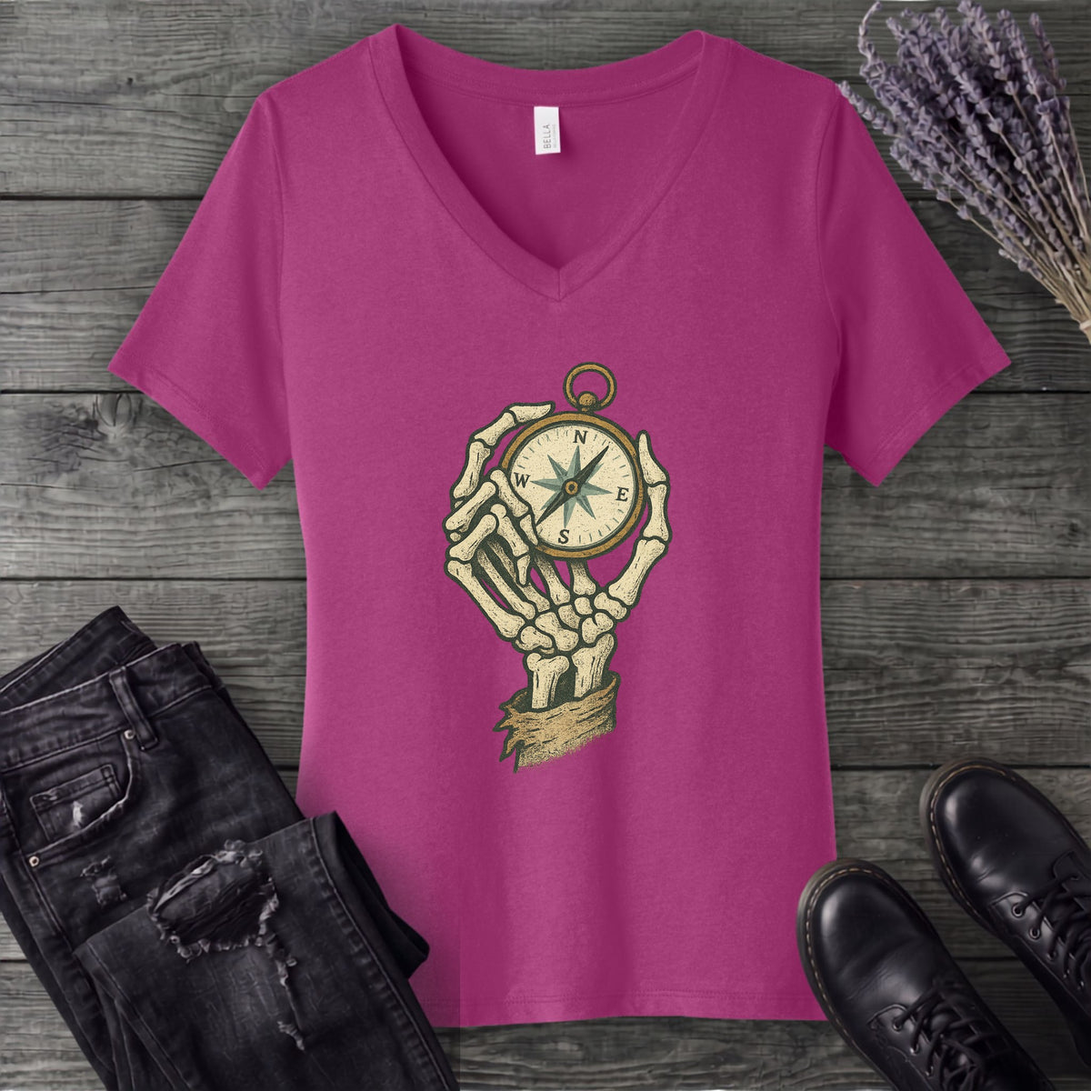 Nautical Compass Skeleton Hand V-Neck T-Shirt
