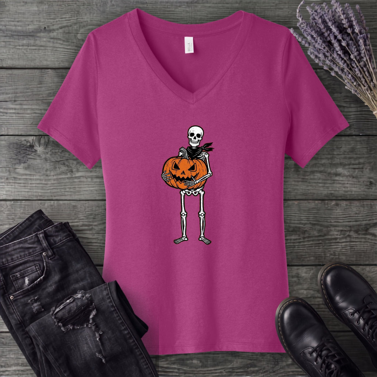 Skeleton Jack O Lantern V-Neck T-Shirt