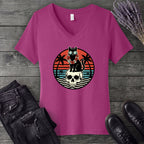 Tropical Cat and Skull V-Neck T-Shirt