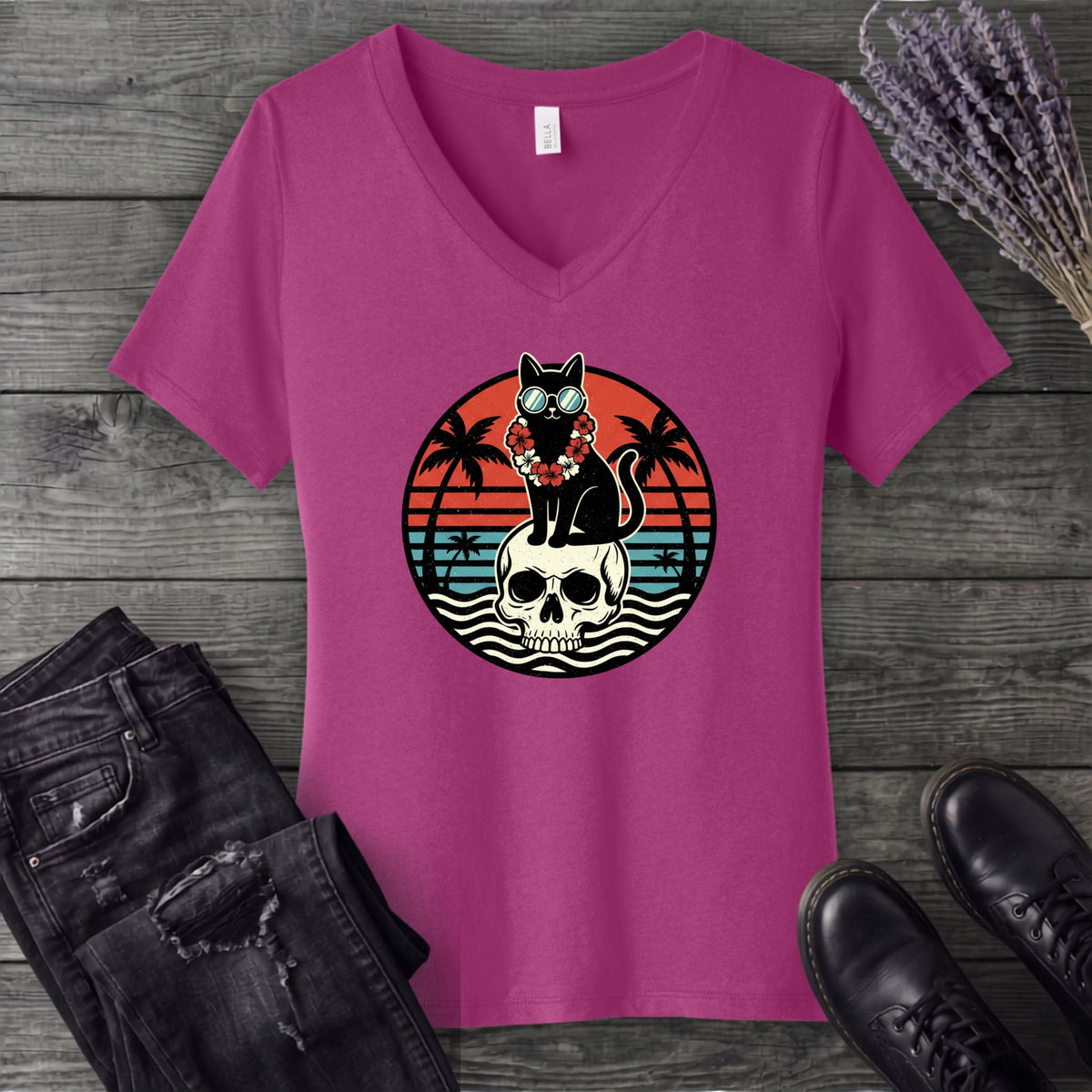 Tropical Cat and Skull V-Neck T-Shirt