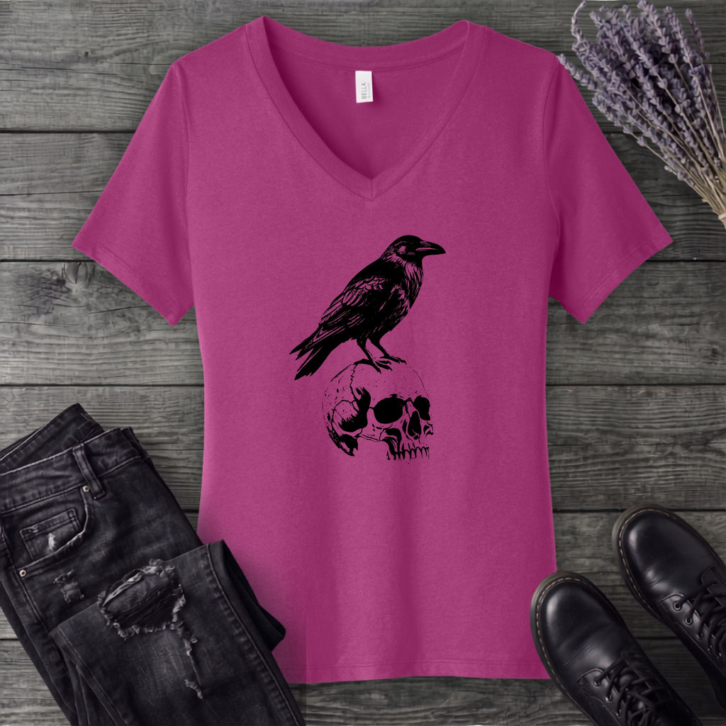 Classic Crow and Skull V-Neck T-Shirt