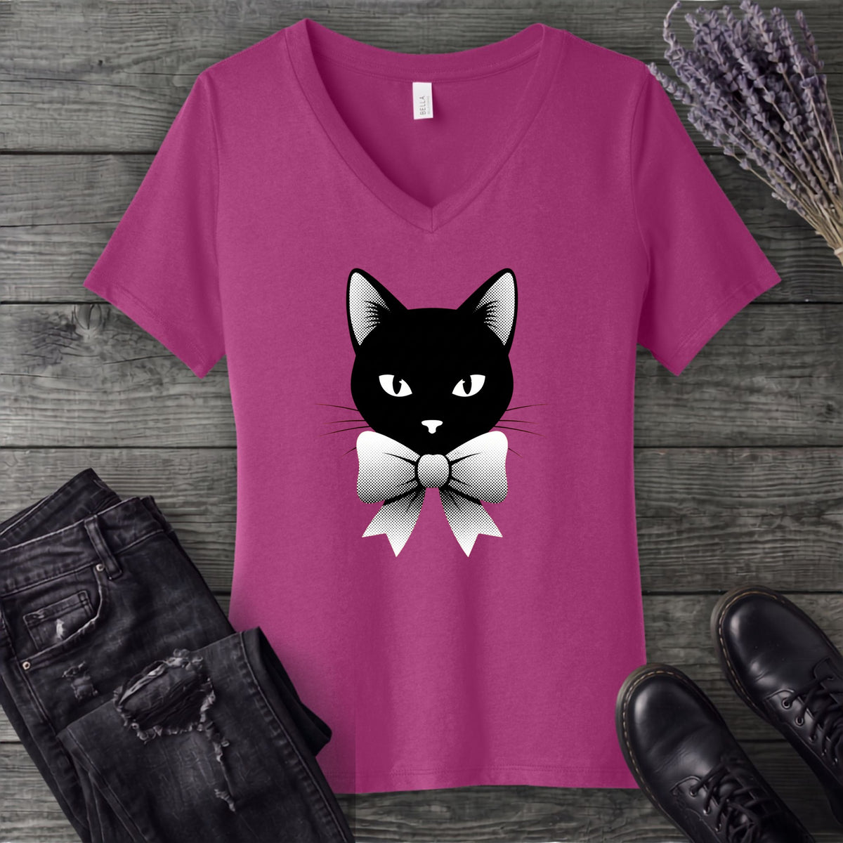 Retro Halftone Coquette Black Cat V-Neck T-Shirt