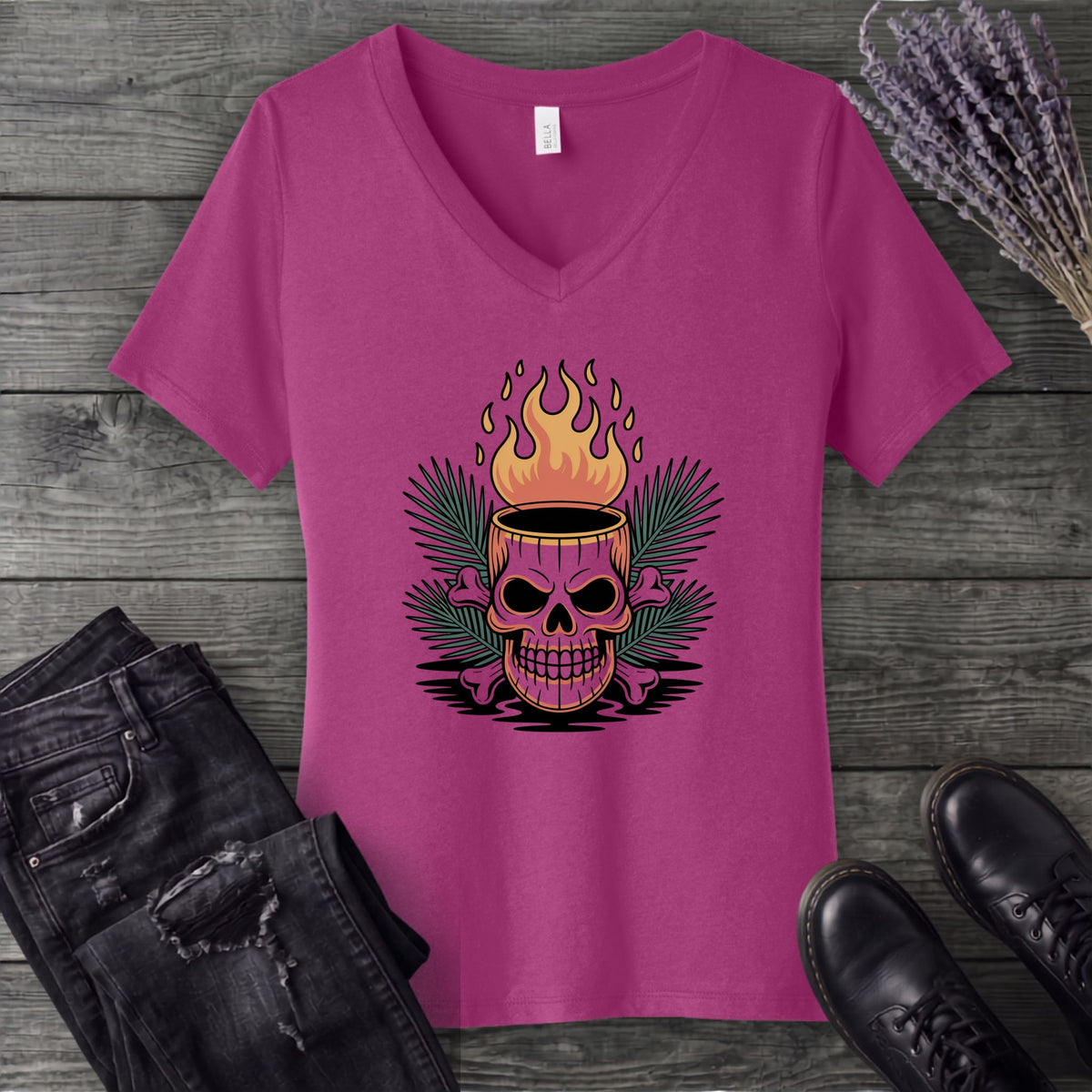 Tiki Skull Drink V-Neck T-Shirt