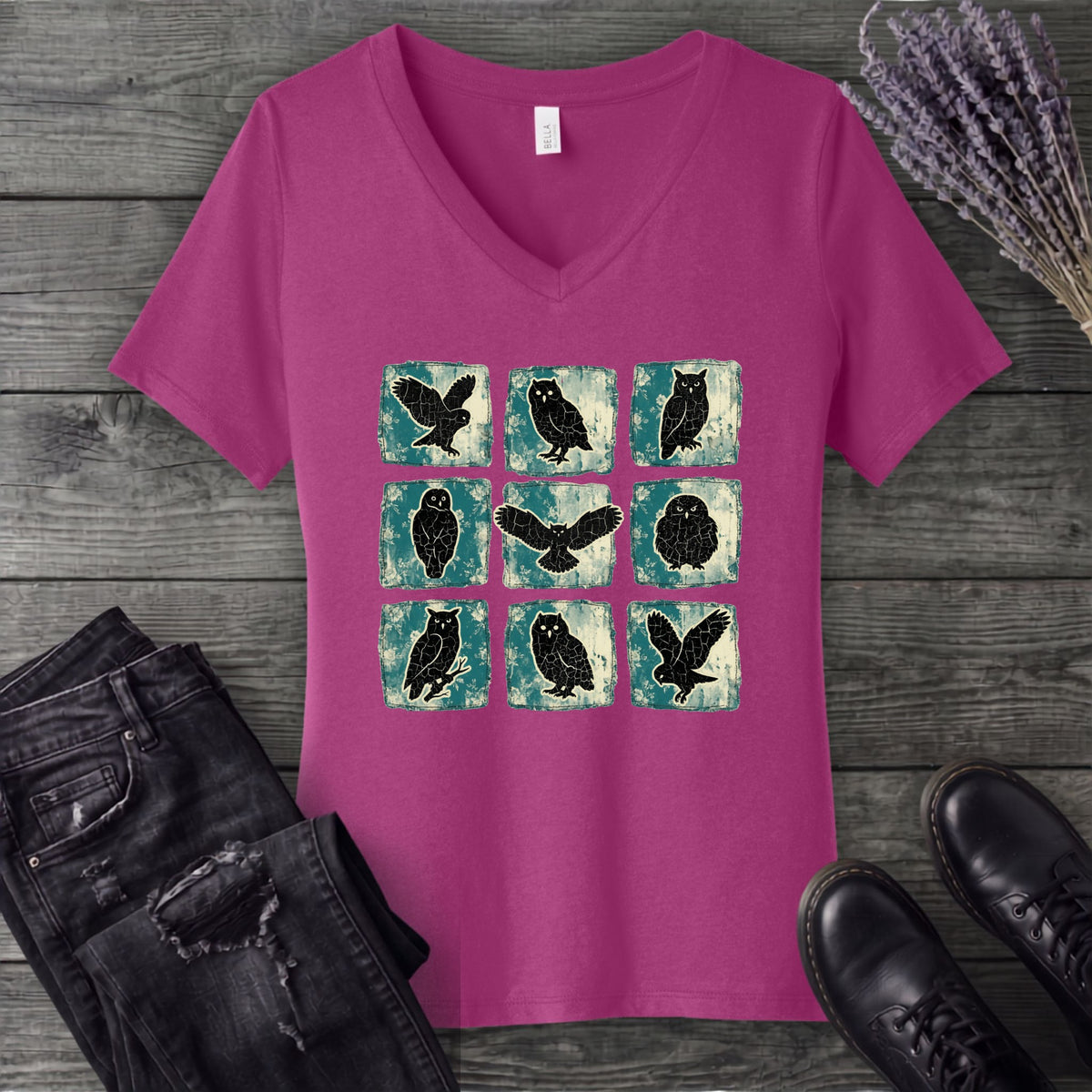 Grunge Owl Grid V-Neck T-Shirt