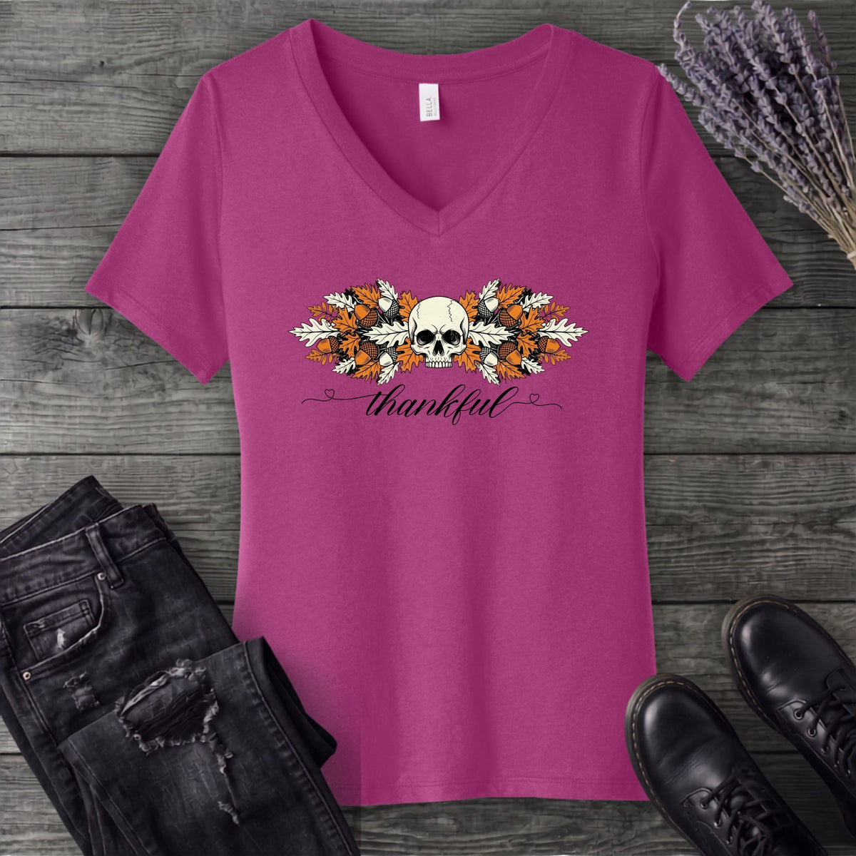 Thankful Leaf Swag Skull V-Neck T-Shirt