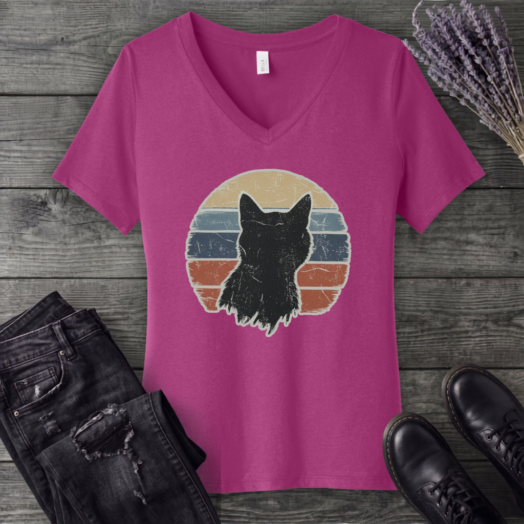 Cat Silhouette Sunset Grunge V-Neck T-Shirt