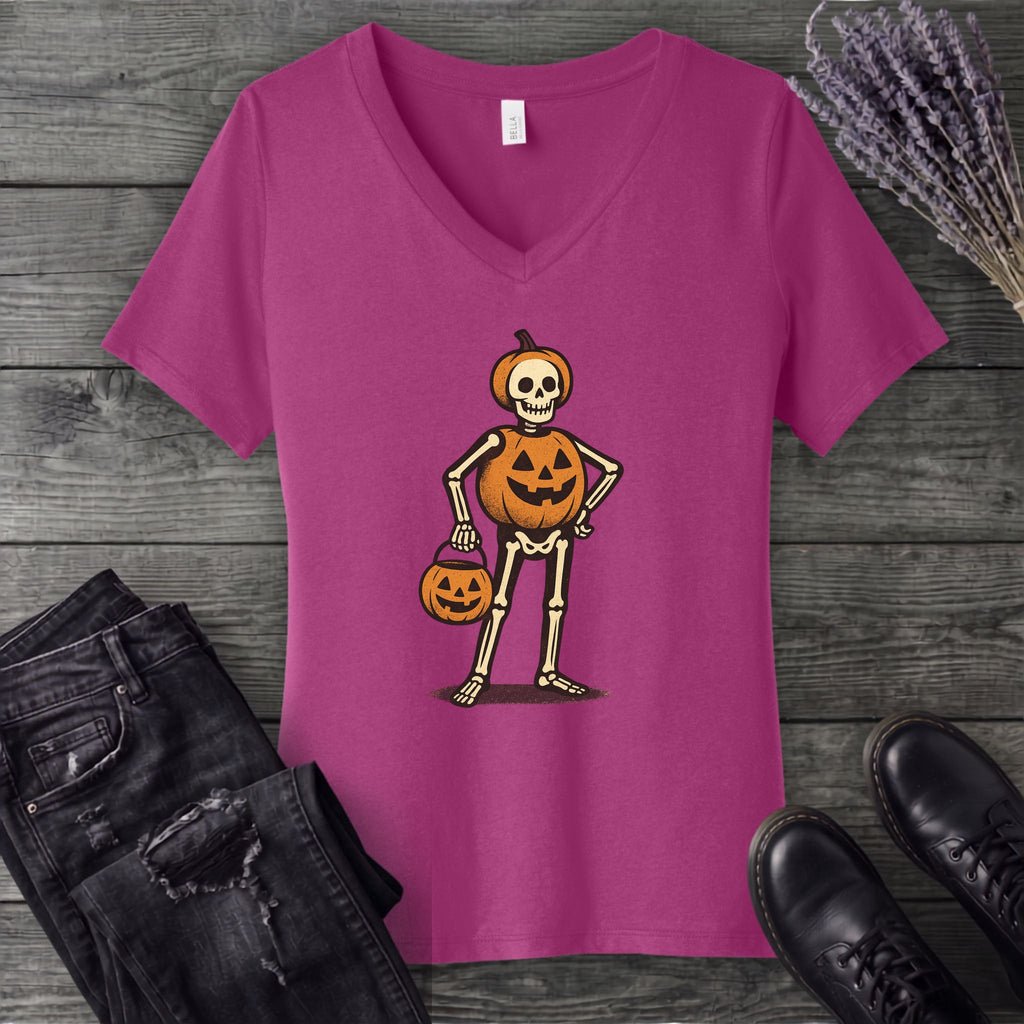 Skeleton Jack O Lantern Costume V-Neck T-Shirt