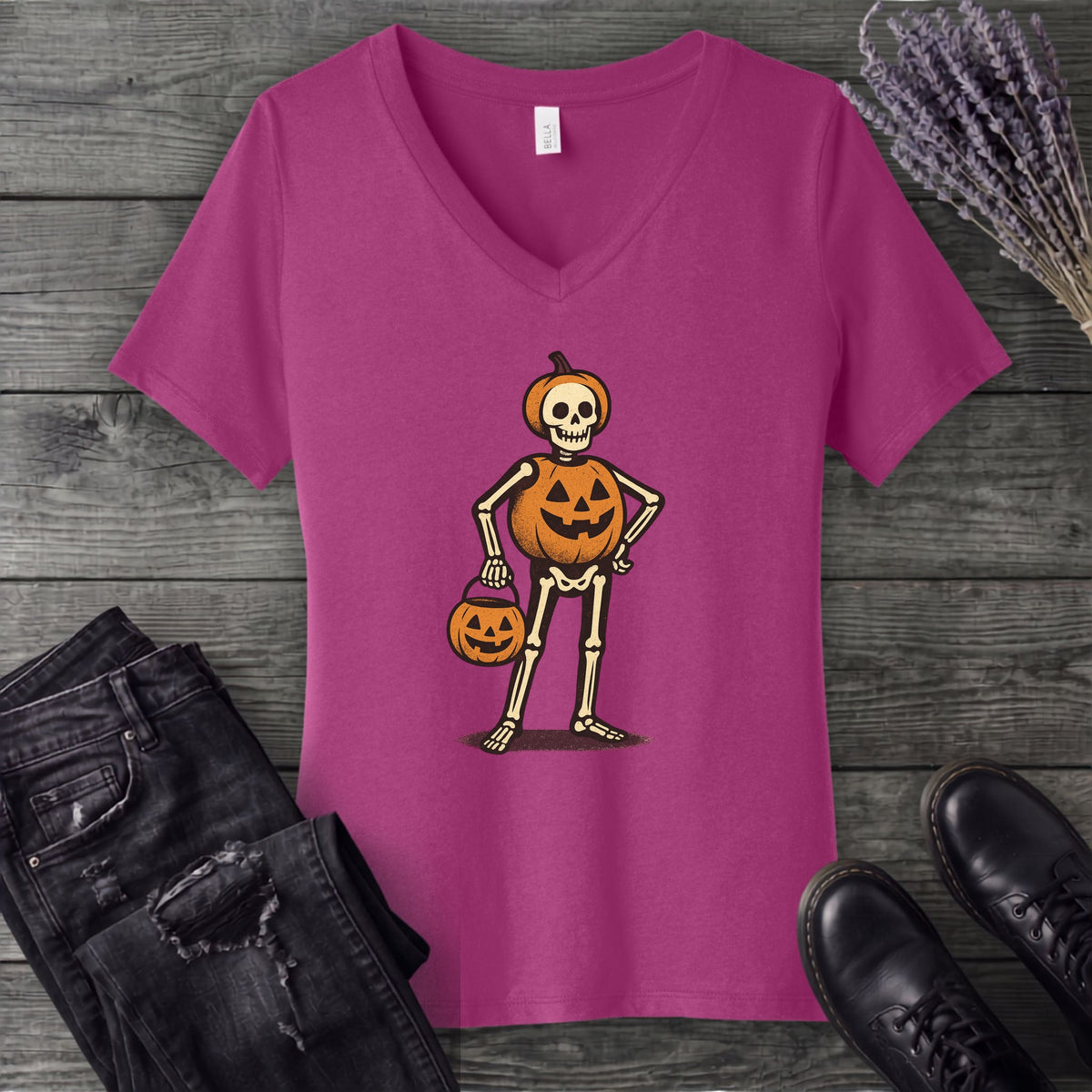 Skeleton Jack O Lantern Costume V-Neck T-Shirt